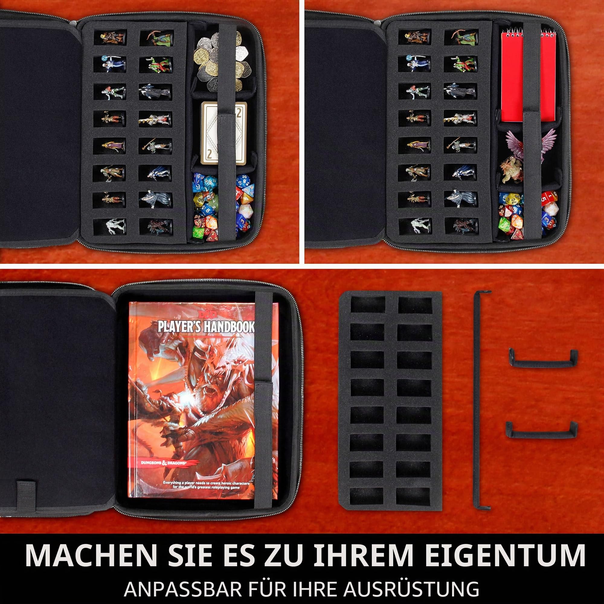 Enhance RPG-Organizer-Tasche – DND-Ordner mit integriertem Zeichenblatthalter und löschbarem Anreißfeld, Würfelrollbereich, Abnehmbarer Stifttasche, Miniatur-Schaumstoffablage, Handgelenkschlaufe