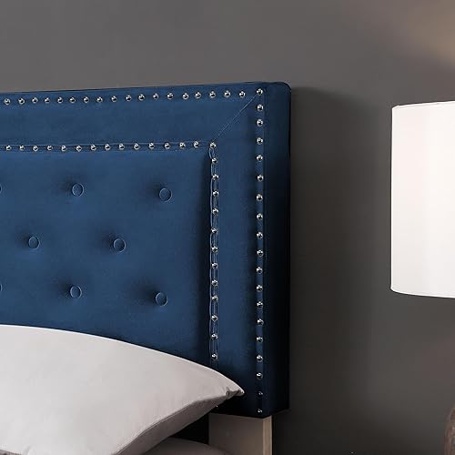 Miniatura 5 de Morden Fort Base de cama tamaño Queen alta ajustable, cama tapizada de terciopelo moderna con cabecero, listones de madera, no necesita somier,