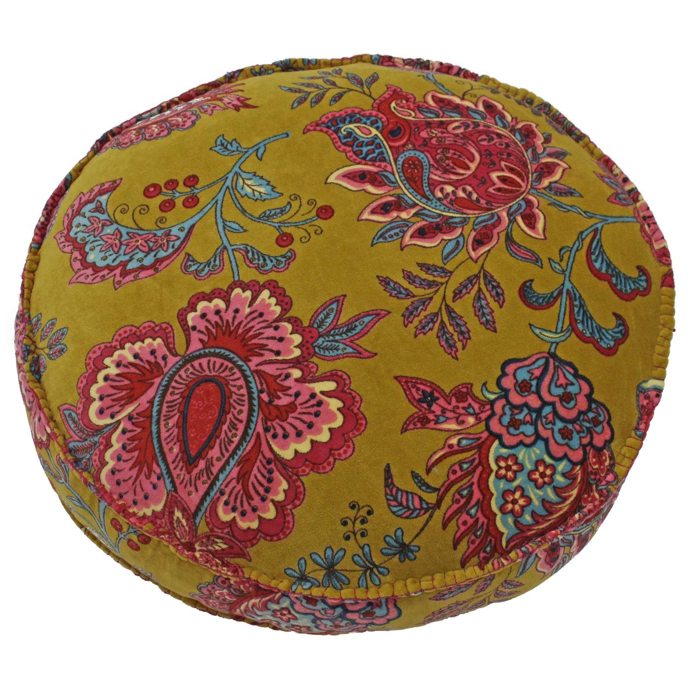 Riva Paoletti Malisa Round Cushion Cover - Lemon Curry Yellow - Paisley Indian Print - Velvet Fabric - Blanked Stitched Edges - Machine Washable - 100% Cotton - 50 x 50 x 12cm (20" x 20" x 5"inches)