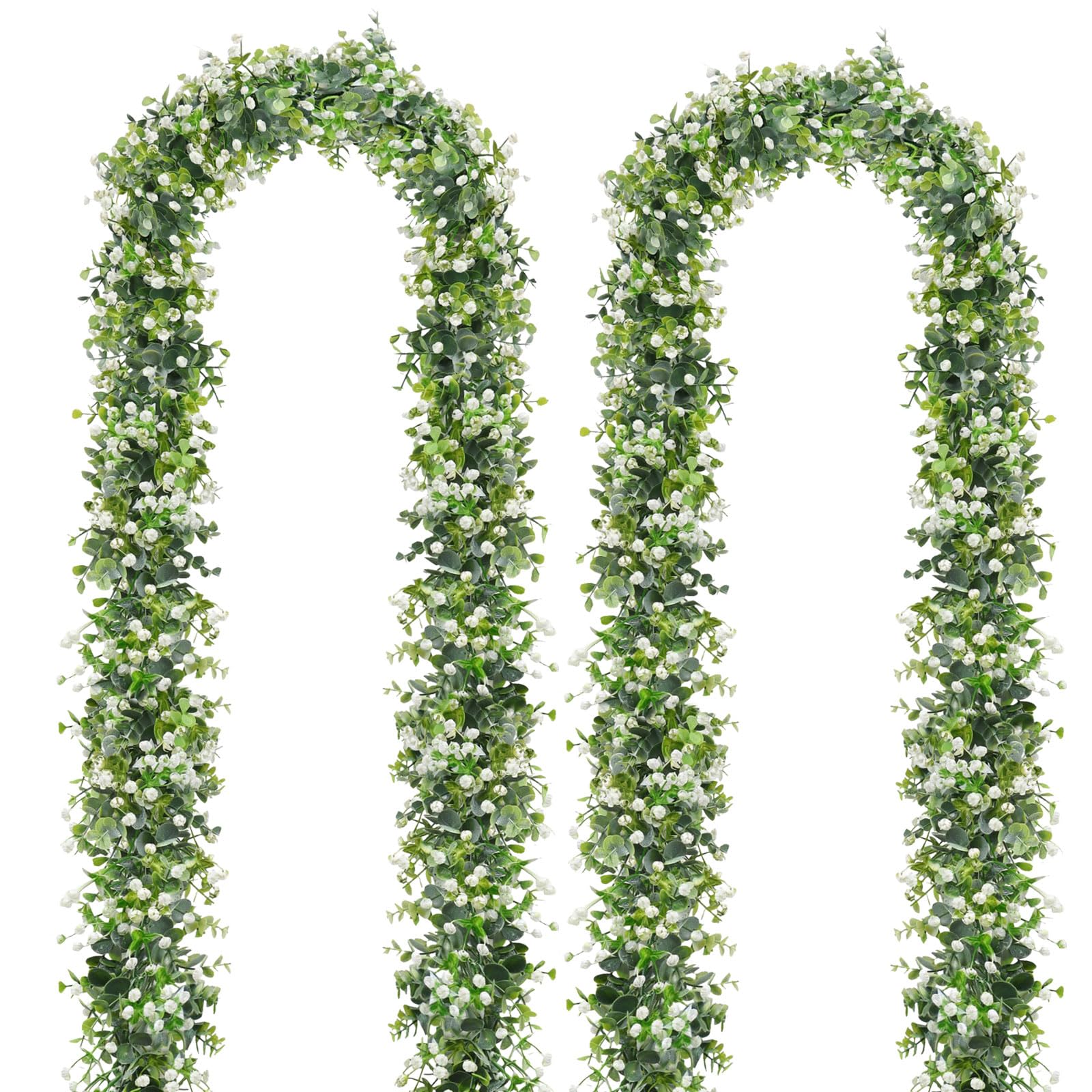 2 Pack 5.83Ft Artificial Eucalyptus Garland with White Flowers – Greenery Eucalyptus Vine Faux Green Leaf Garland, Faux Foliage Garlands for Wedding Arch Anniversary Table Runner Wall Home Decoration
