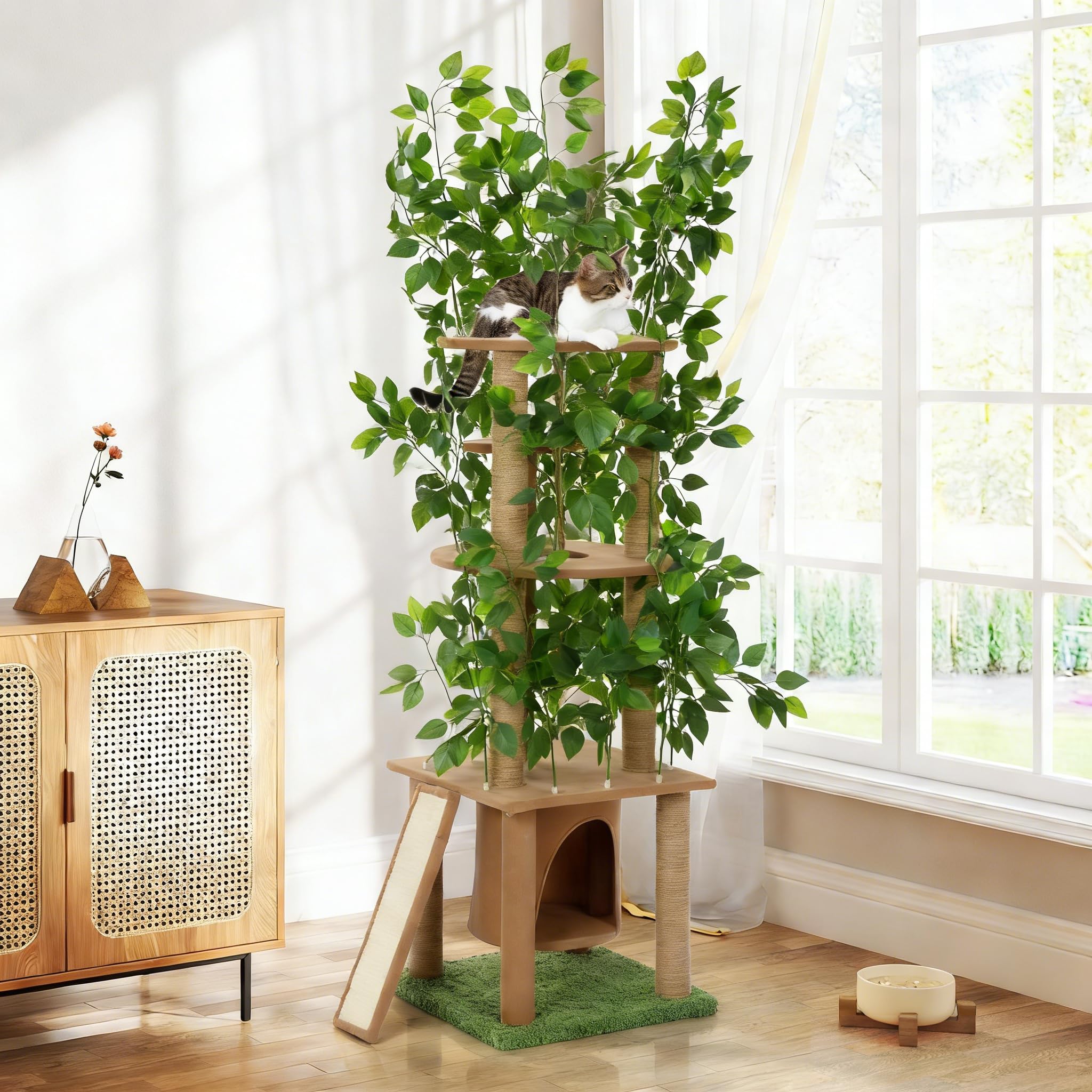 Ultra-haut arbre à chat à 5 niveaux (195 cm) - arbre à gratter en bois naturel avec plantes vertes artificielles, polyvalent pour le plaisir naturel de grimper