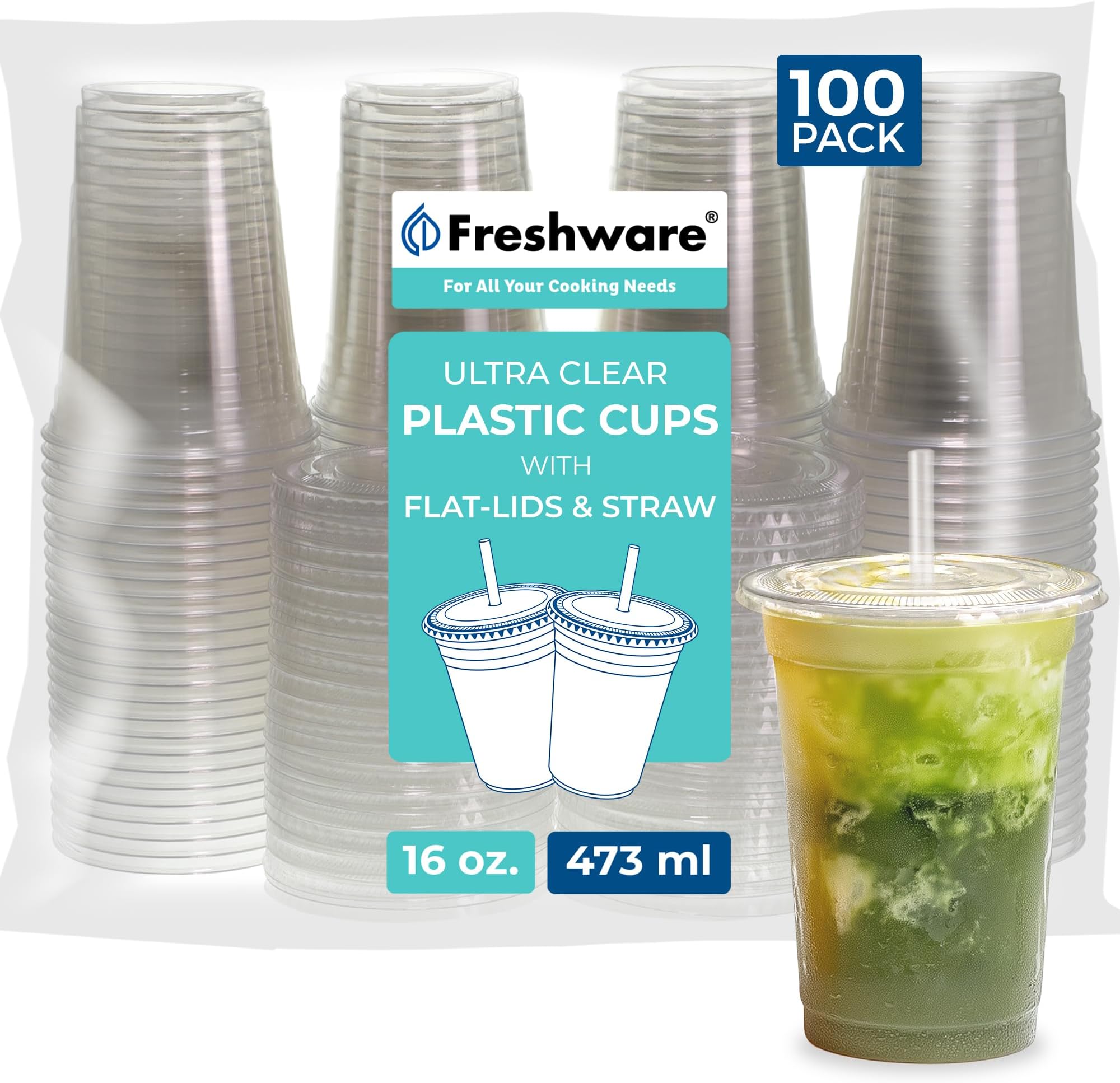 Freshware Clear Plastic Cups with Flat Lids and Straws [100 Cups - 16 oz] Disposable Cups for Iced Coffee, Smoothie, Milkshake, Cold Drinks