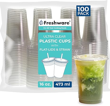 Freshware 16 oz Clear Disposable Plastic Cups with Flat Lids