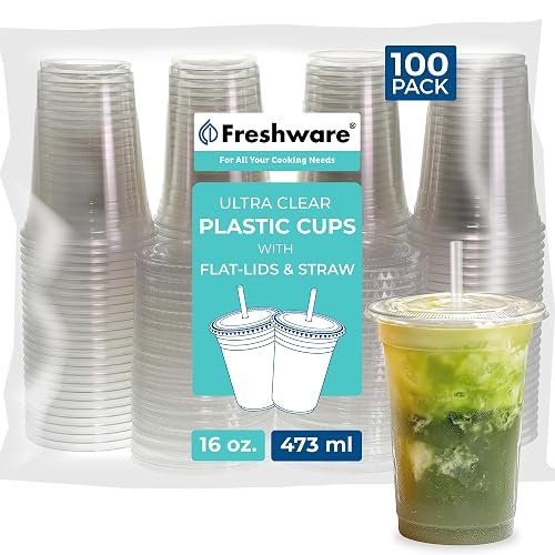 Freshware 16 oz Clear Disposable Plastic Cups with Flat Lids and Straws, 100 Pack Clear Plastic Cups Tumblers, Heavy-duty Party Glasses, Disposable Cups for Thanksgiving, Halloween, Christmas Party