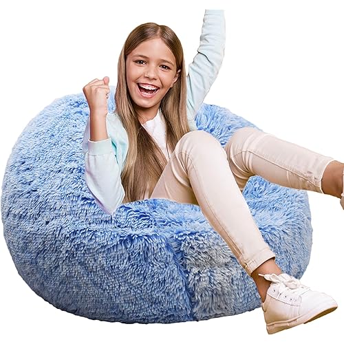 Fluffy Bean Bag Chair for Kids, 2.5FT Round Memory Foam Filled Bean Bag for Teens & Kids, Ultra Soft Faux Fur Fabric Bean Bag Chairs for Playroom, Living Room, Bedroom, Blue