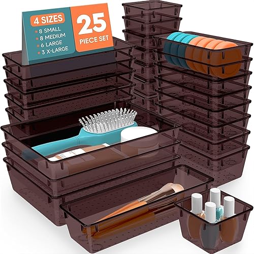 Juego de 25 organizadores de cajones de plástico, 4 tamaños, bandejas organizadoras versátiles y contenedores de almacenamiento para maquillaje,