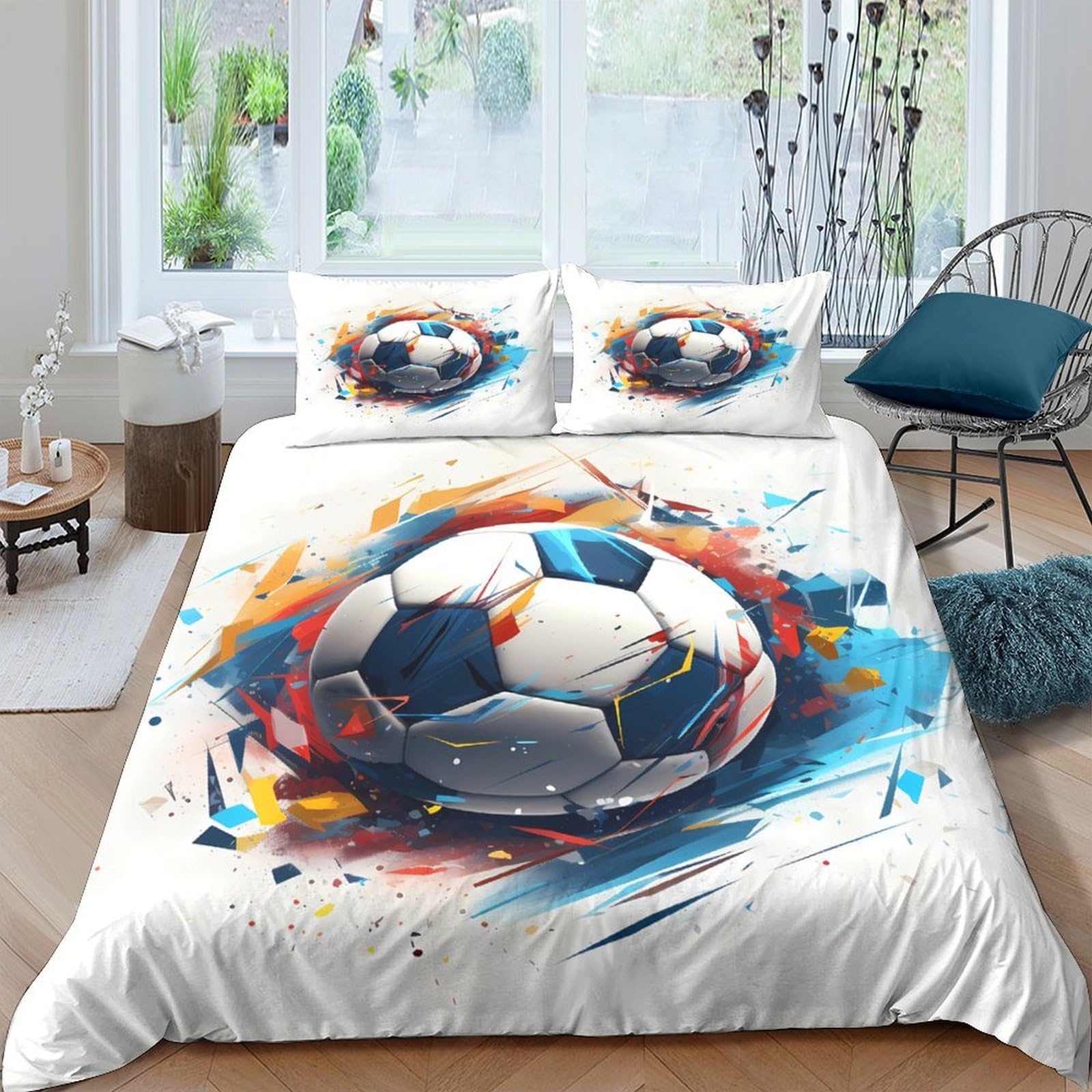 TUFRTGYHN 3D Printed Soccer Ball Duvet Cover Microfiber Bedding Set with 2 Pillowcases, Colour Splash Quilt Cover for Bedroom Decor, Single（135x200cm）