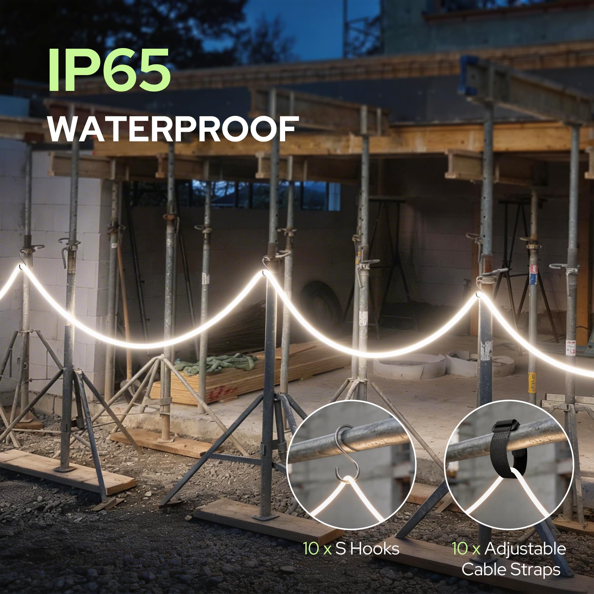 auralab Tira LED de Obra AC 25m con Enrollador, 25000LM 4000K, IP65 Iluminación Temporal, Conectable 100m, Cable 1.5m con Enchufe 16A, 10 Ganchos y 10 Correas, Construcción Camping Reforma