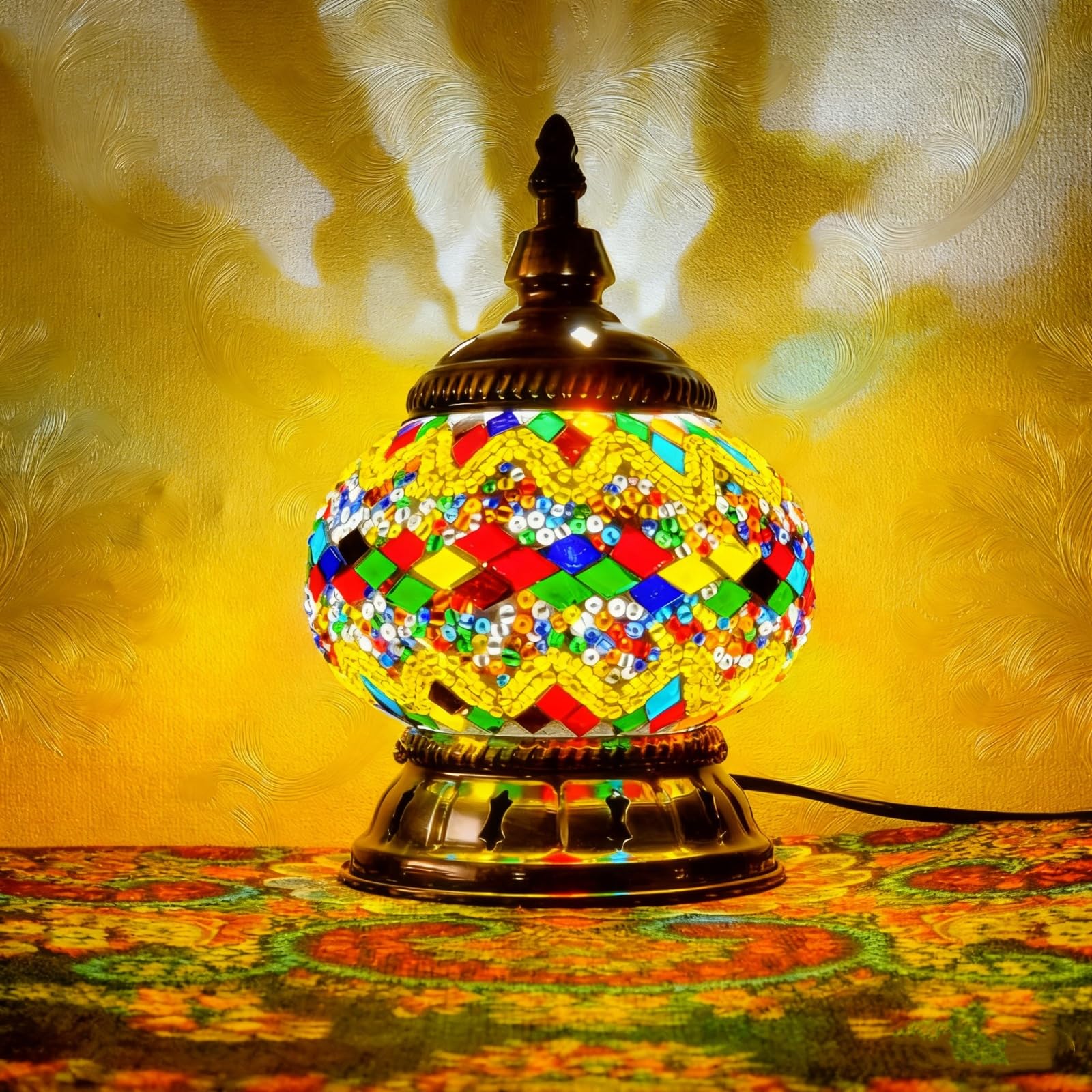 Maimeili Turkish Exotic Mosaic Table Lamp with Handmade Moroccan-Style Decorative Glass Retro Lamp Shade with USB Decorative Desk Lights Bedside Lights for Bedroom