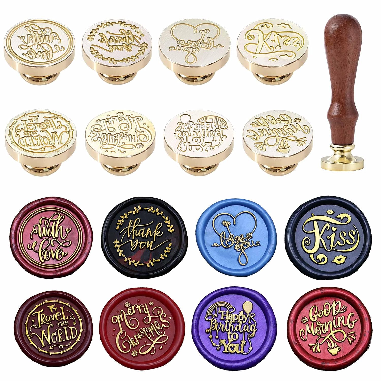 Phrase Wax Seal Stamp Kit - 8 Pcs English Blessings Sealing Wax Stamps, 0.98 Inches (25mm) Removable Brass Stamp Width Handle for Letter Cards Invitations,Gift Wrapping (Phrase Stamp Set I)