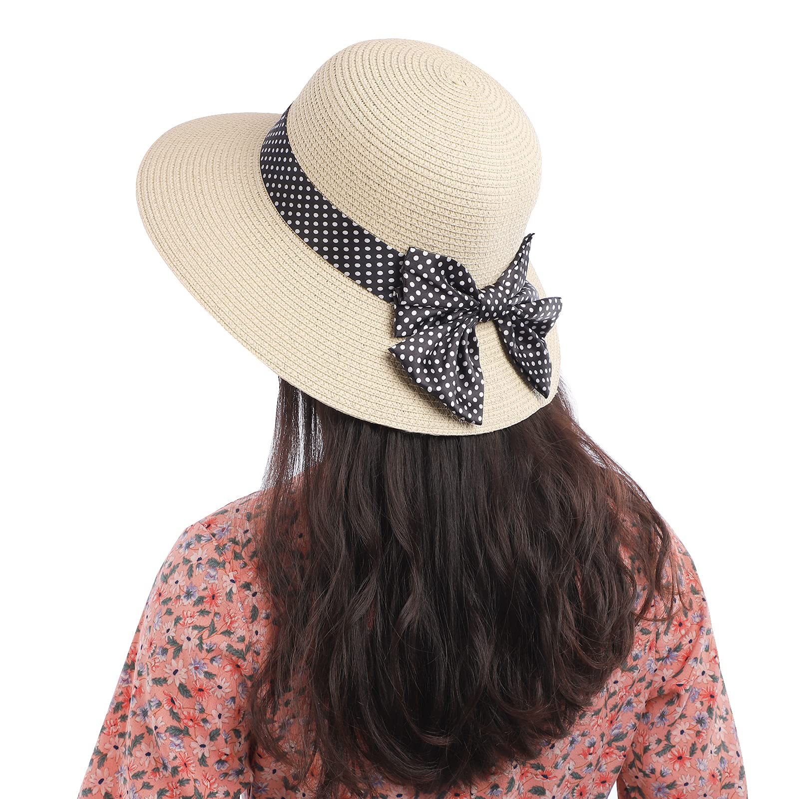 MoonSing Sombreros de Paja para Mujer, Verano Sun Floppy de Playa Plegable con Lazo de Decoración, Gorro Vacaciones al Aire Libre Protección Anti-UV Beige