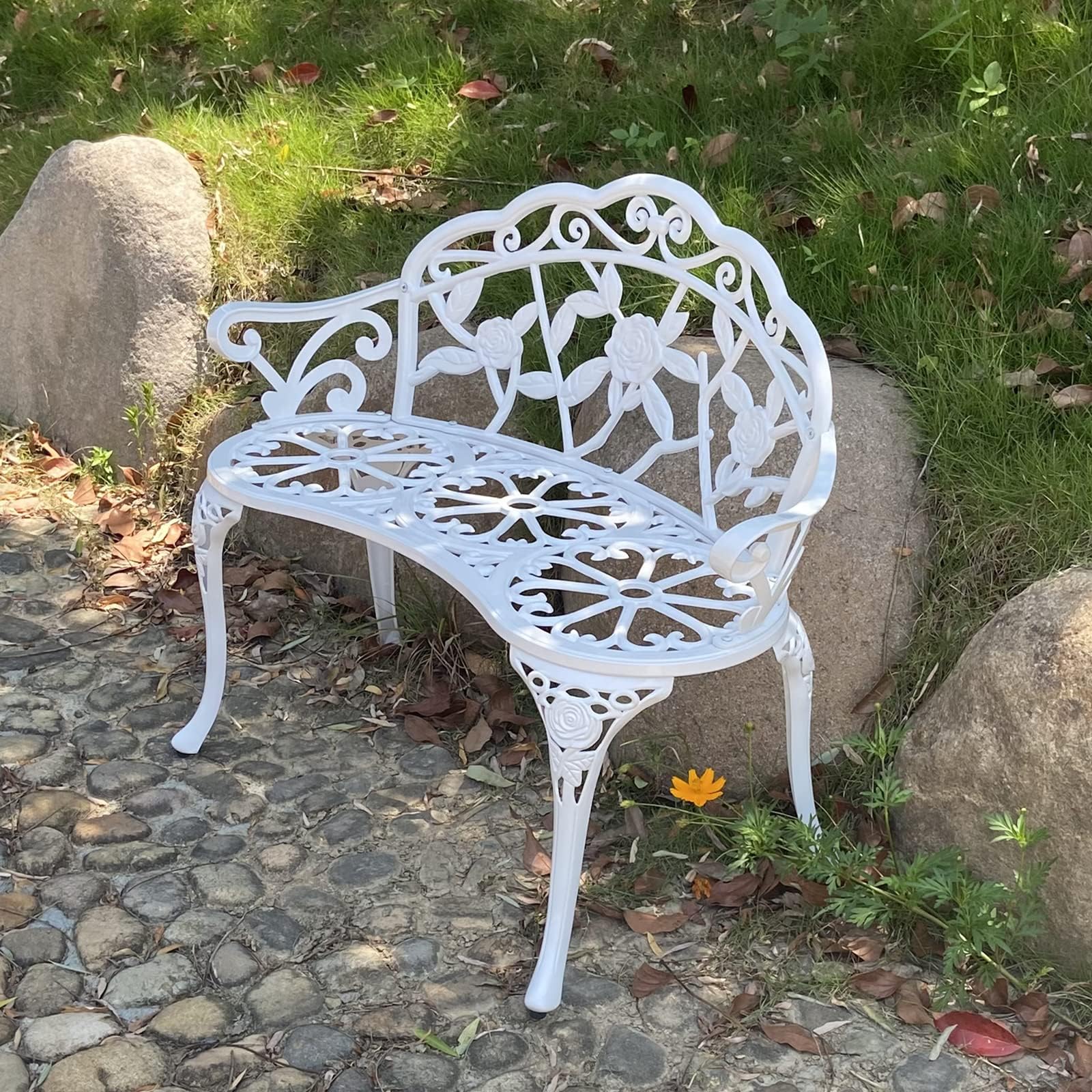 Panchina da giardino, in metallo, alluminio, rosa, adatta per giardino, veranda, parco, balcone, esterno (bianco)