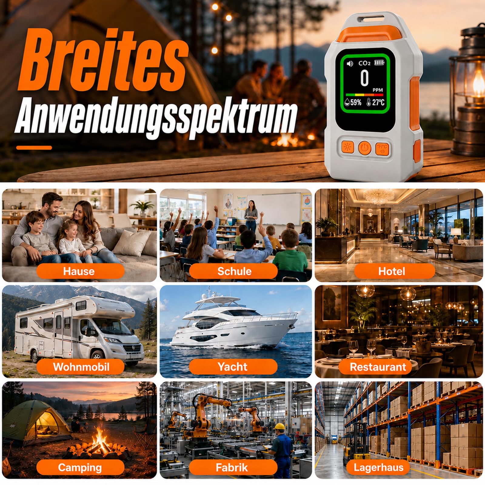 4-in-1 Tragbarer Kohlenmonoxid Melder, 300 Stunden Akkulebensdauer, Thermometer und Hygrometer mit Alarmfunktion und Notleuchte für Reisen Camping, Zelt, Wohnmobil, Wohnmobil, Zuhause, Küche