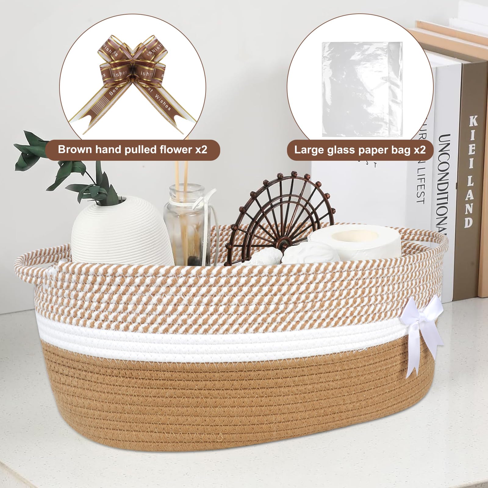 Lotvic Cesto regalo grande, 43 x 32 x 18 cm, kit cestino, cesto vuoto, con sacchetti di cellophane e fiocchi da tirare (cachi)