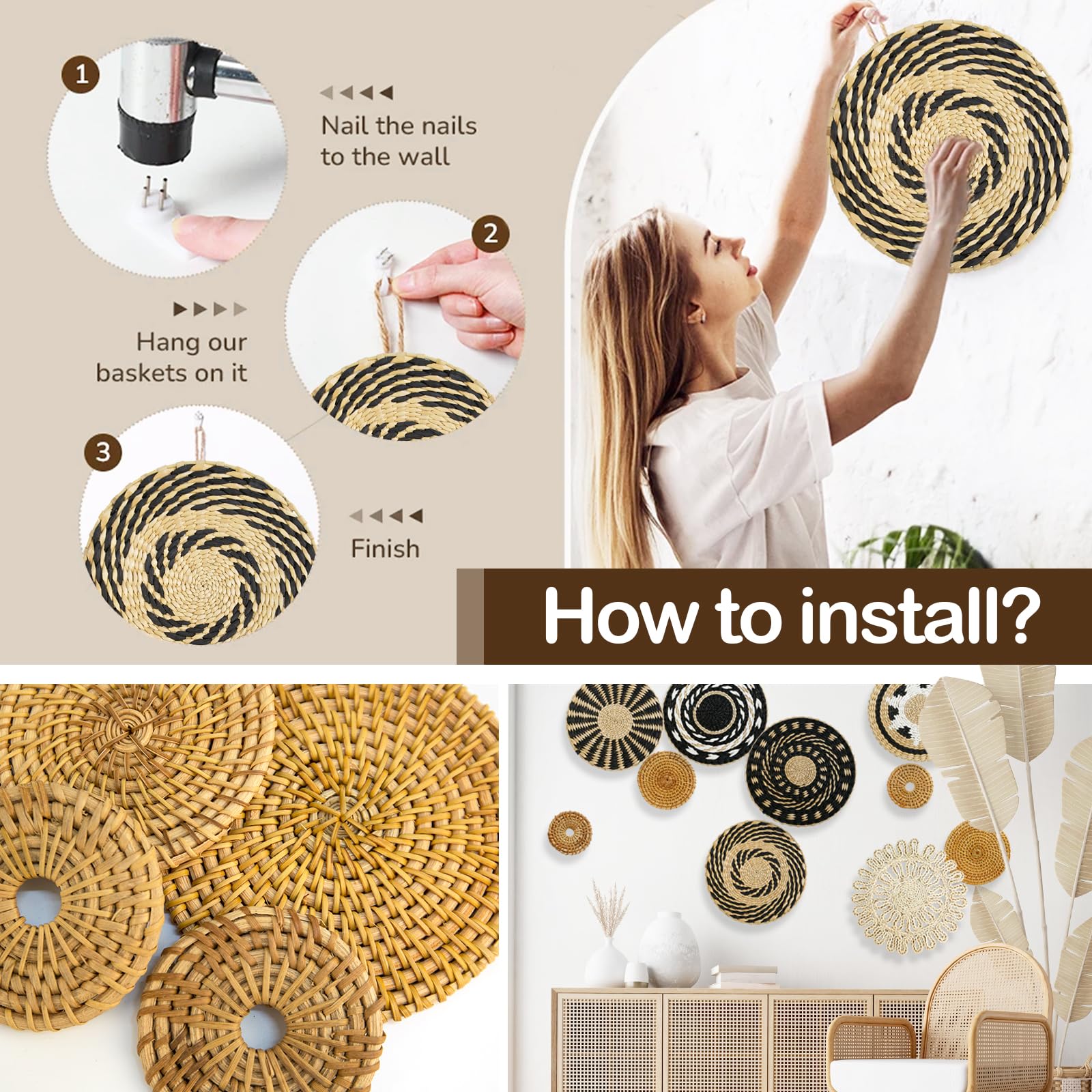 Cestini da Parete 10 Pezzi, Decorazioni per Cestini da Parete Boho Decorativi da Parete in Stile Bohémien Cesti da Parete Intrecciati Decorazioni Da Parete In Rattan Decorazioni Da Casa Parete