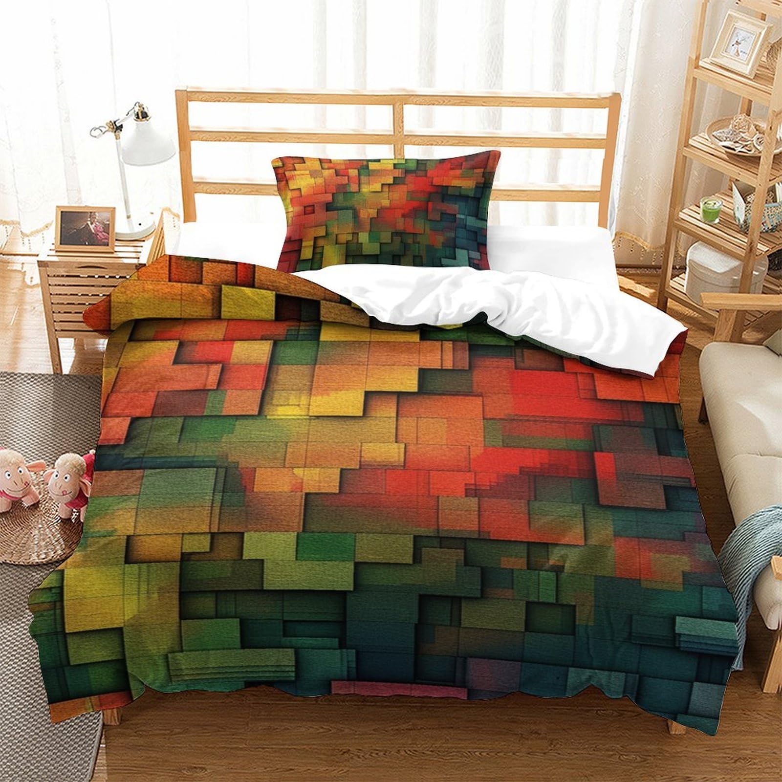 Housse de couette Blocs colorés 3D anti-plis et facile d'entretien pour lit simple