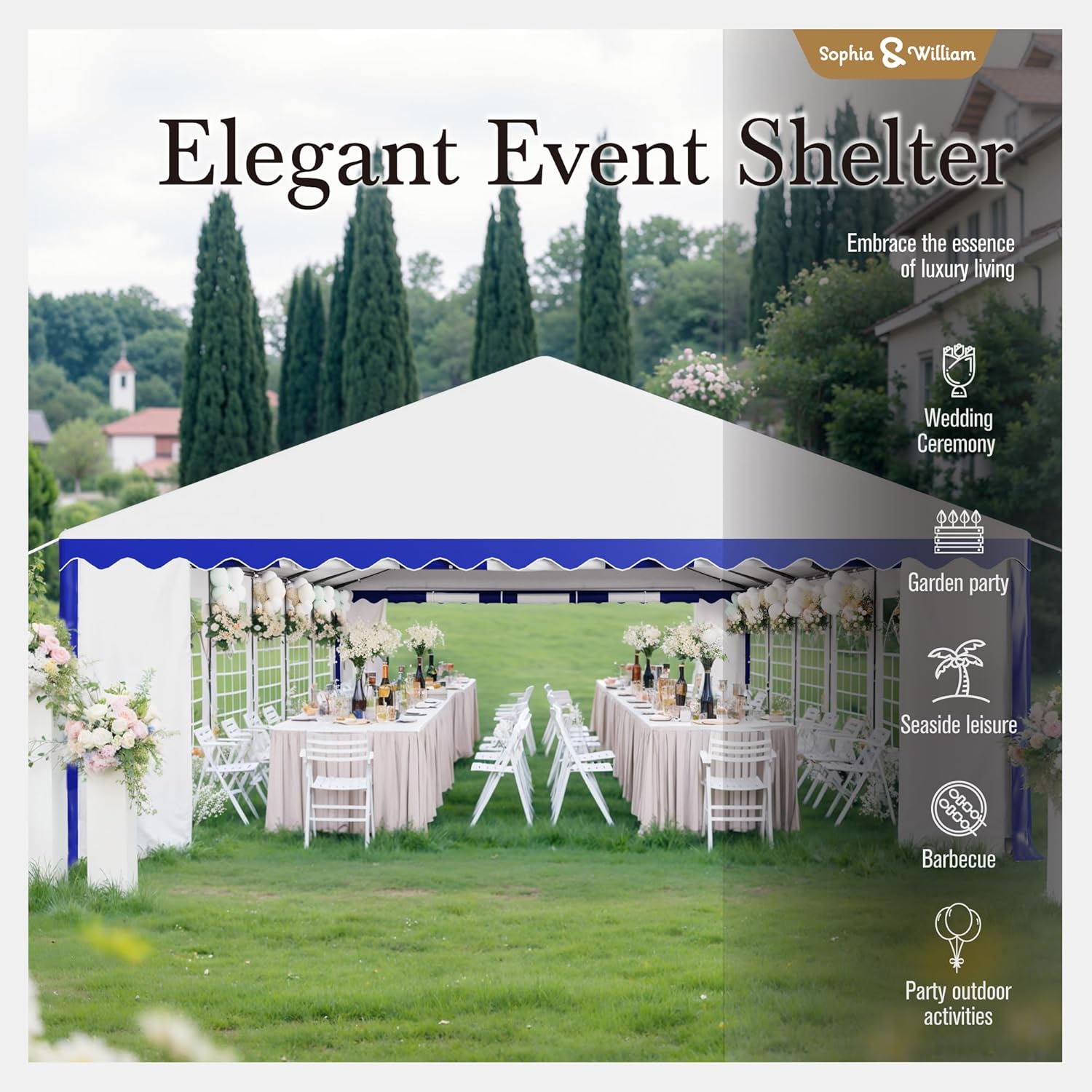 Sophia & William 20x40 ft Party Tent erected in a green field with trees and mountains in the background.