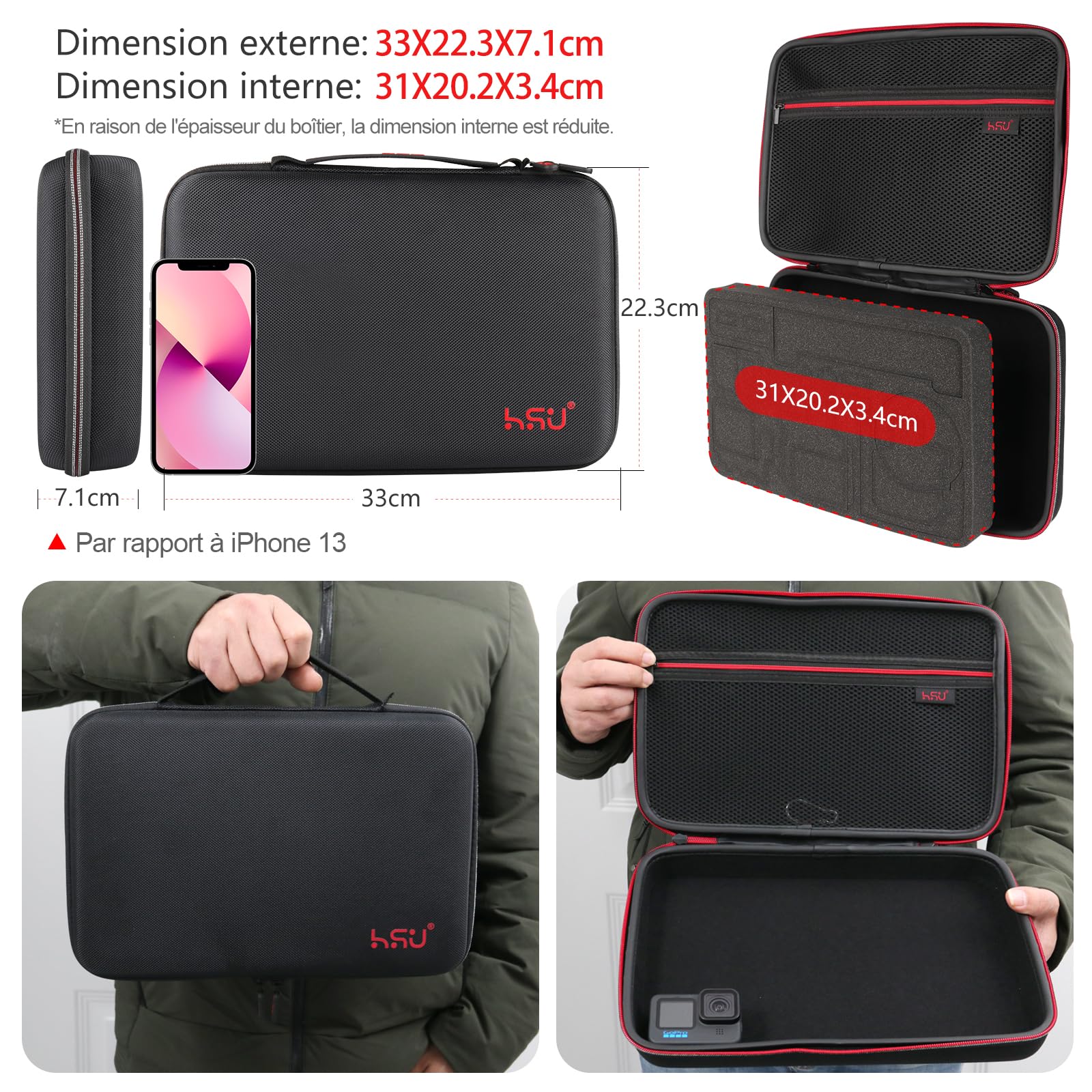 HSU Sac de Transport pour GoPro, Etui de Protection étanche à la Surface pour Caméras d'action Hero 12/11/10/9/8/7/6/5/4/3 et Accessoires