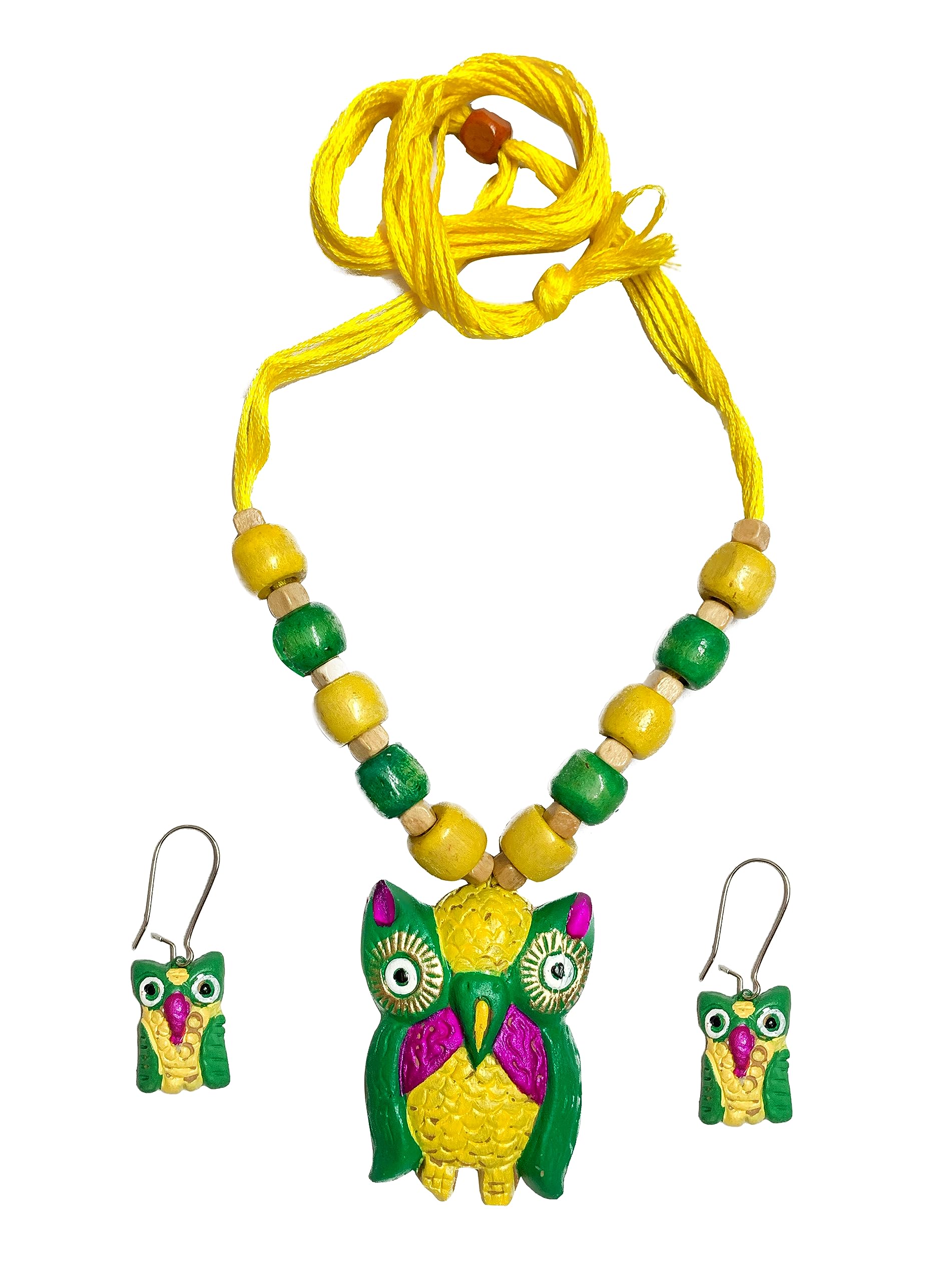 SharanyaD Terracotta Handmade Jewellery Set with necklace and earring, Womens Contemporary Terracotta Necklace - Terracotta Owl (Owl Green Pink Yellow) (B0CGVYMJKK) Amazon Price History, Amazon Price Tracker