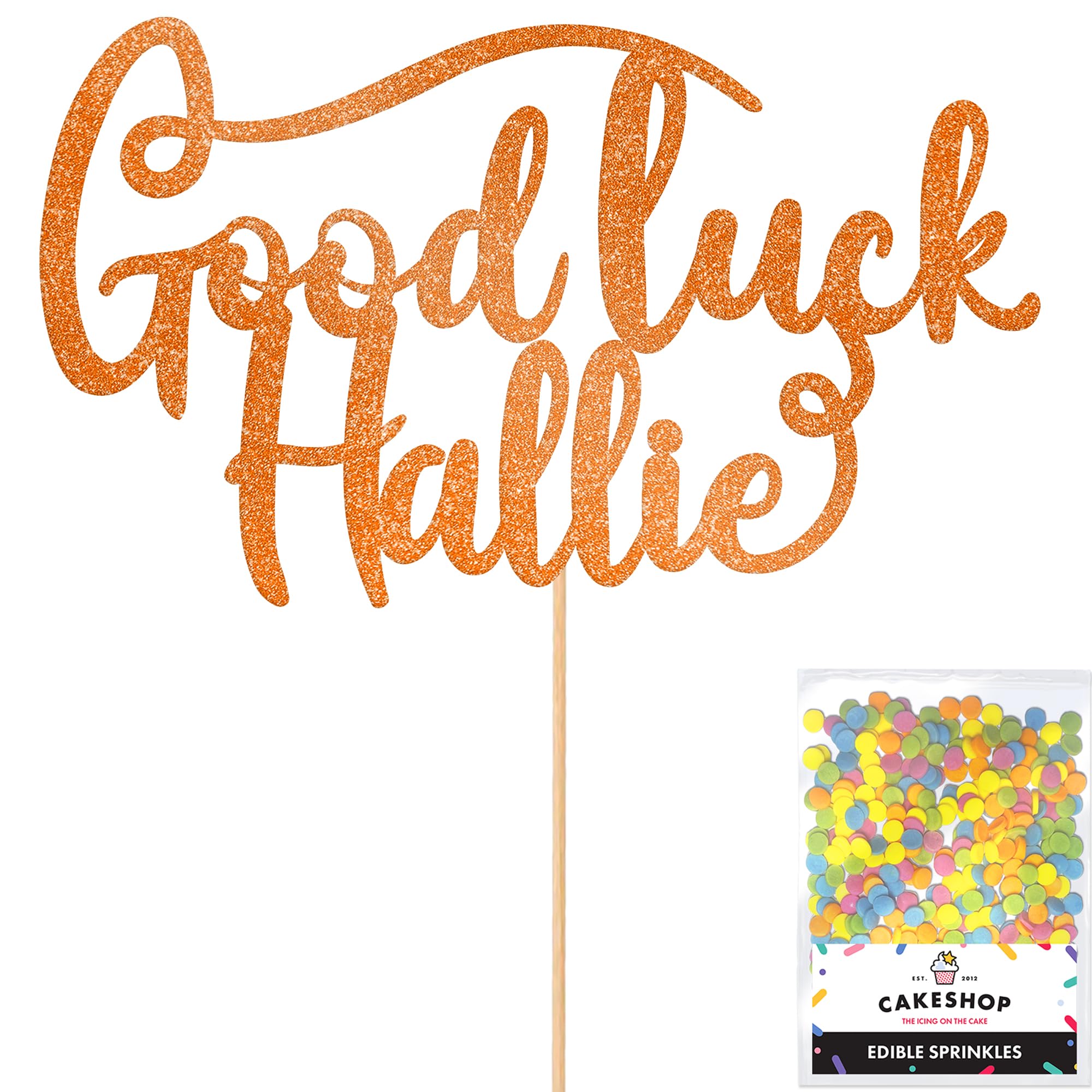 Cakeshop Personalised Good Luck Glitter Cake Topper With Sprinkles - Copper Orange Custom Colour - Any Name - Double-Sided Glitter Card Cake Decoration - Custom Toppers for Cakes