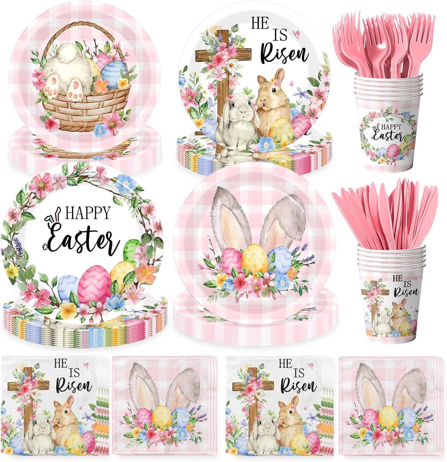 He Is Risen Easter Decoration He is Risen Bunny Eggs Cross Tableware Pink Cute Rabbit Floral Farmhouse Disposable Paper Plates Napkins Cups Forks and Knives for Spring Home Party Decor,Serve 24