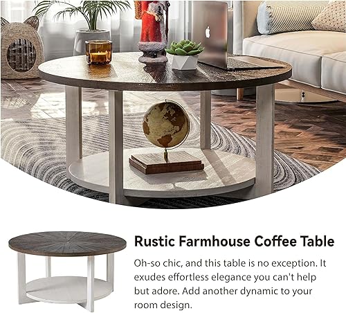 Miniatura 5 de Mesas de centro redondas de madera con almacenamiento, mesa de centro rústica con parte superior de madera envejecida, mesa circular grande para