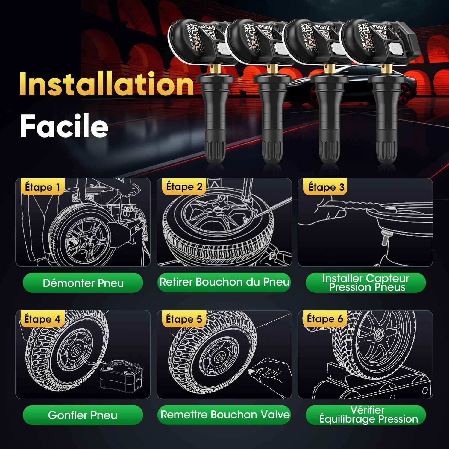 Autel TPMS Sensor 2en1 MX-Sensor, 1-Sensor Press-in Tire Pressure Monitor System Capteur, OE-Level Programmable & Clonable Wireless TPMS Sensor pour Tous Véhicules (Rubber Valve, 4PCS)