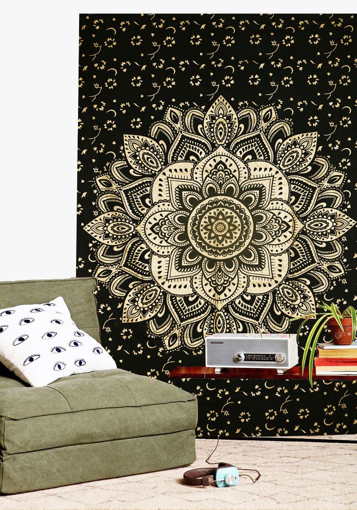 FUTURE - Arazzo fatto a mano, con mandala, colore: nero e oro, stile indiano