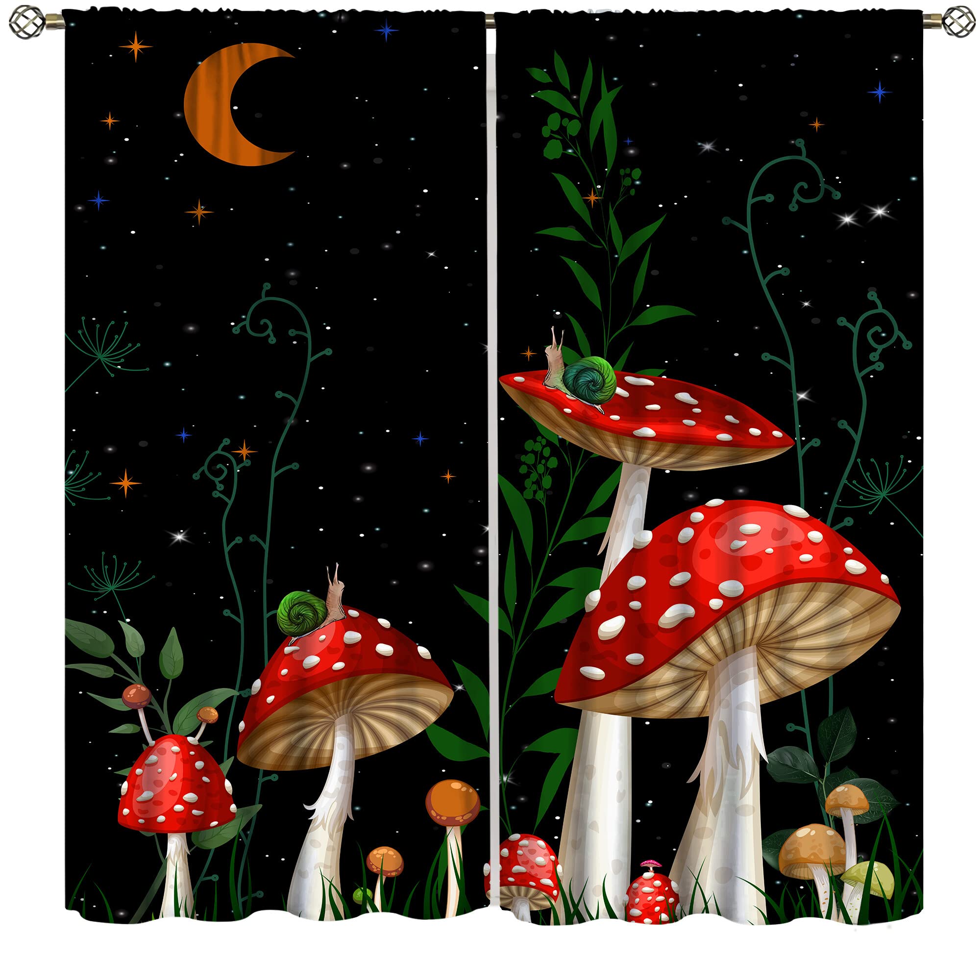 Mushroom Curtains,Dream Forest Plants Beautiful Moon Animals Snails Printed Curtains Home Bedroom Living Room Kitchen Blackout Curtains 42x63in