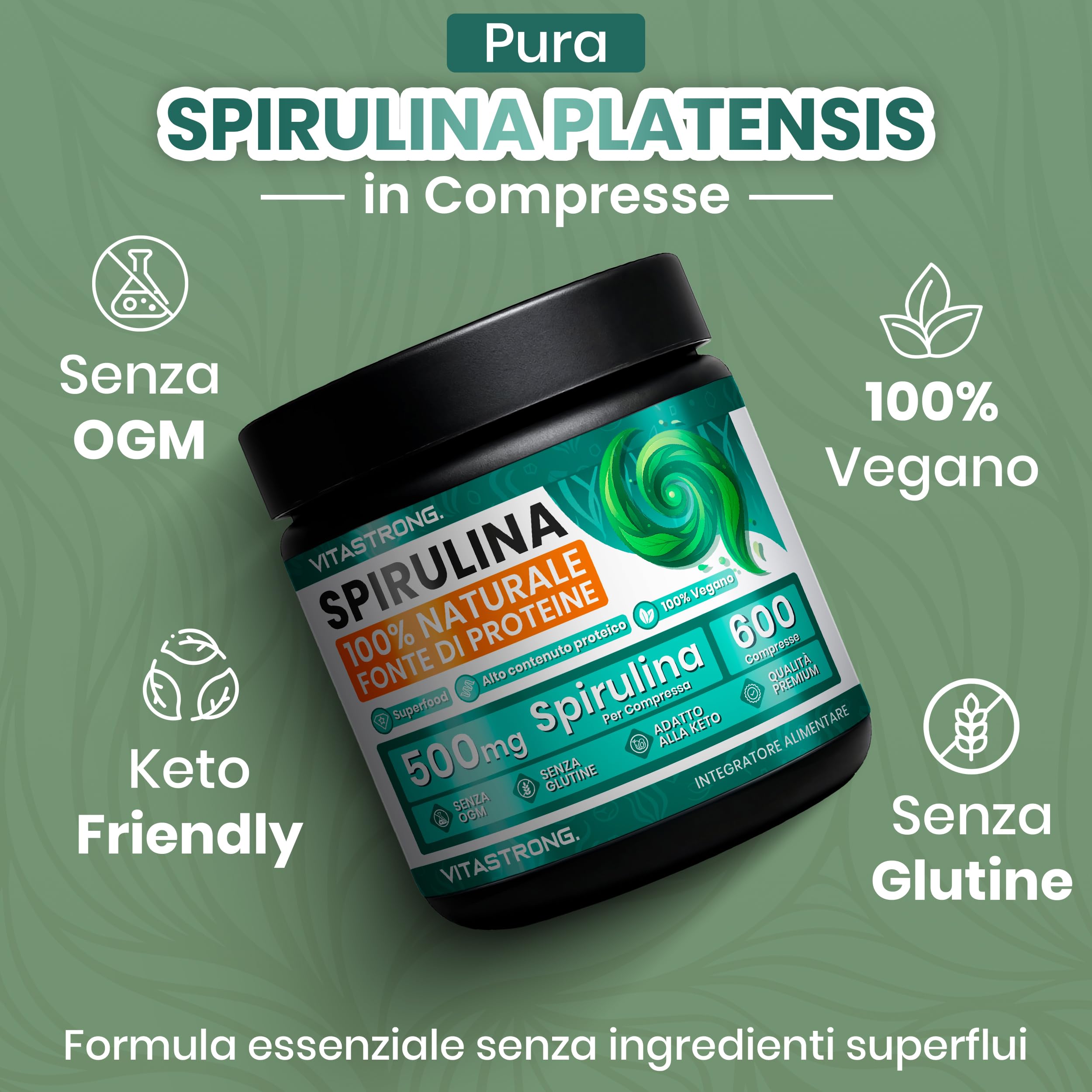 Spirulina Compresse Vitastrong, 3000mg per Dose, 600 Alga Spirulina Compresse 100% Vegan ad Alto Contenuto Proteico, Integratore Alimentare a Lunga Fornitura Senza Glutine né OGM, Qualità Premium