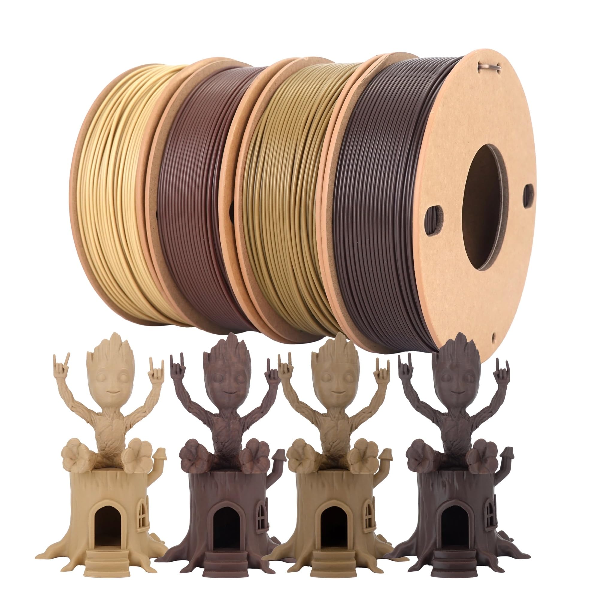 Likesilk 3D-Drucker-Filamentbündel im Holzimitat-Farbton – PLA 1,75 mm, kg x 4er-Pack (Walnuss, Eiche, Kirsche, Teak)