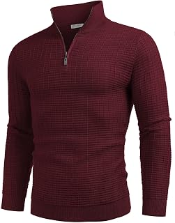 Men's Quarter Zip Sweaters Slim Fit Lightweight Cotton Knitted Mock Turtleneck Pullover