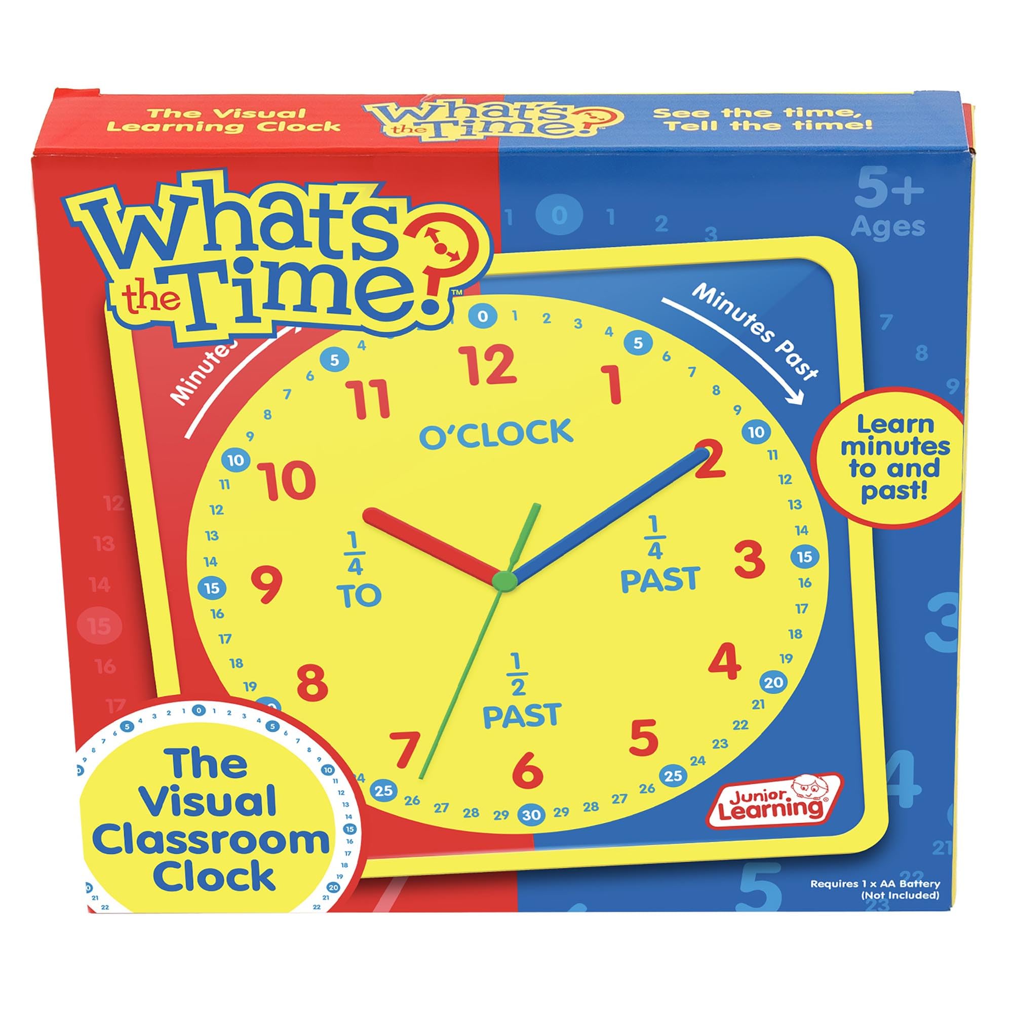 Junior Learning: What's The Time Classroom Clock - Visual Learning Tool, Learn Minutes to & Past, Battery Powered, Educational Toy, Kids Ages 5+