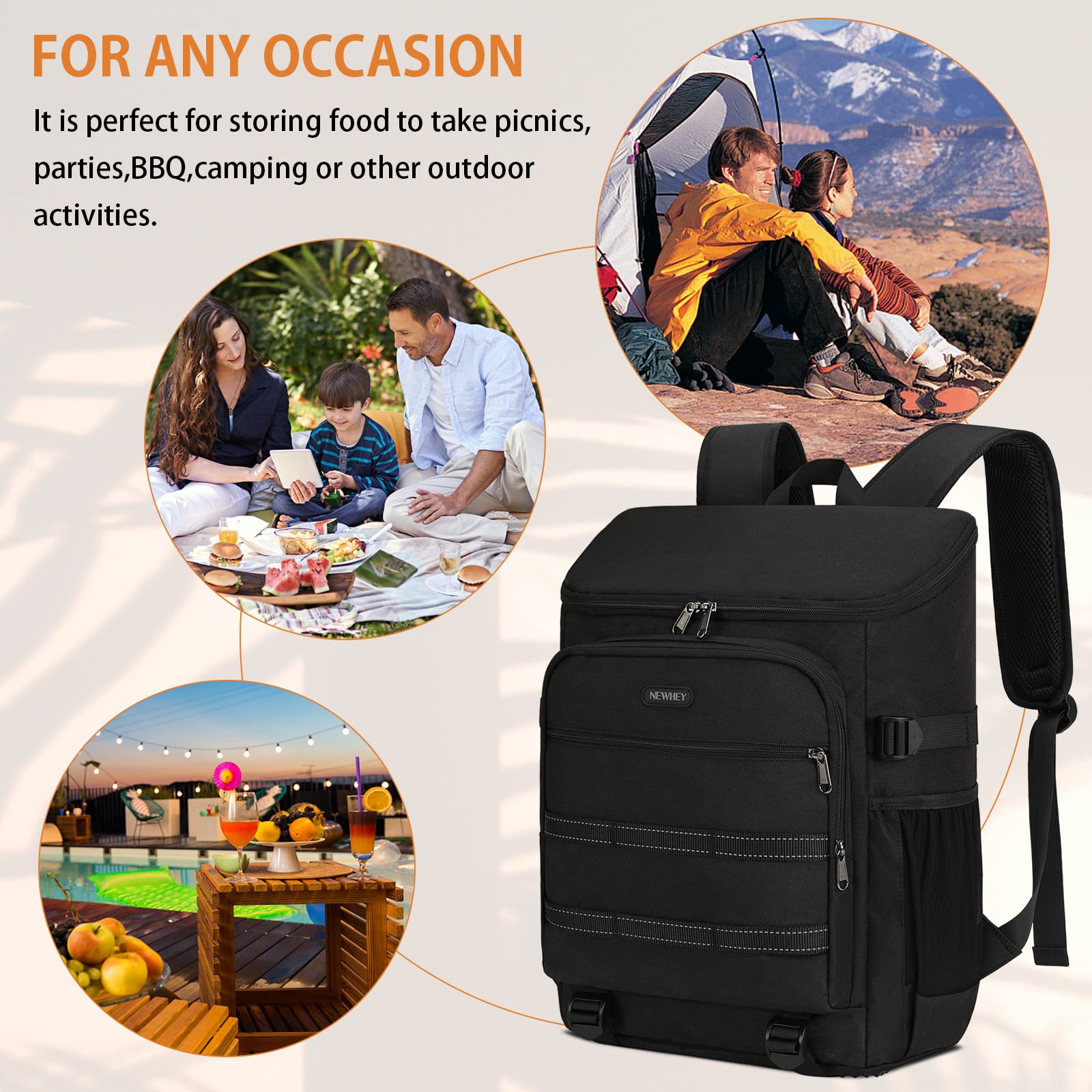 NEWHEY 30L Kühlrucksack Wasserdichten Isoliert Kühltasche Groß Picknickrucksäcke Leicht Lunch Tasche Rucksäcke Cooler Bag für Camping BBQ Wandern Picknick Schwarz