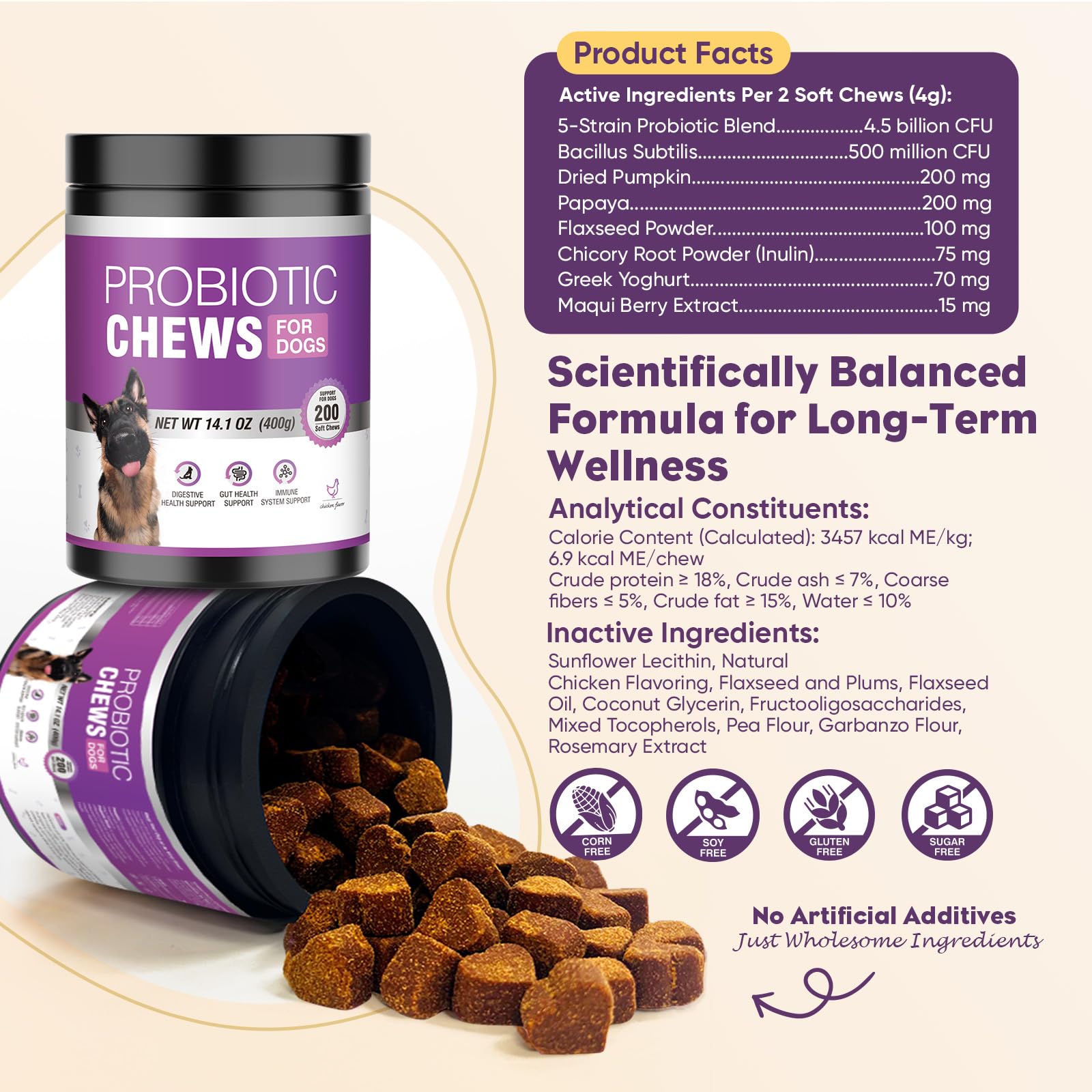 Probiotics for Dogs 200pcs Dog Probiotics for Digestive Health Digestive Enzymes and Prebiotic, Probiotic Chews for Dogs Support Gut Health, Relieve Diarrhea, Itchy Skin, Enhance Immunity — view 5