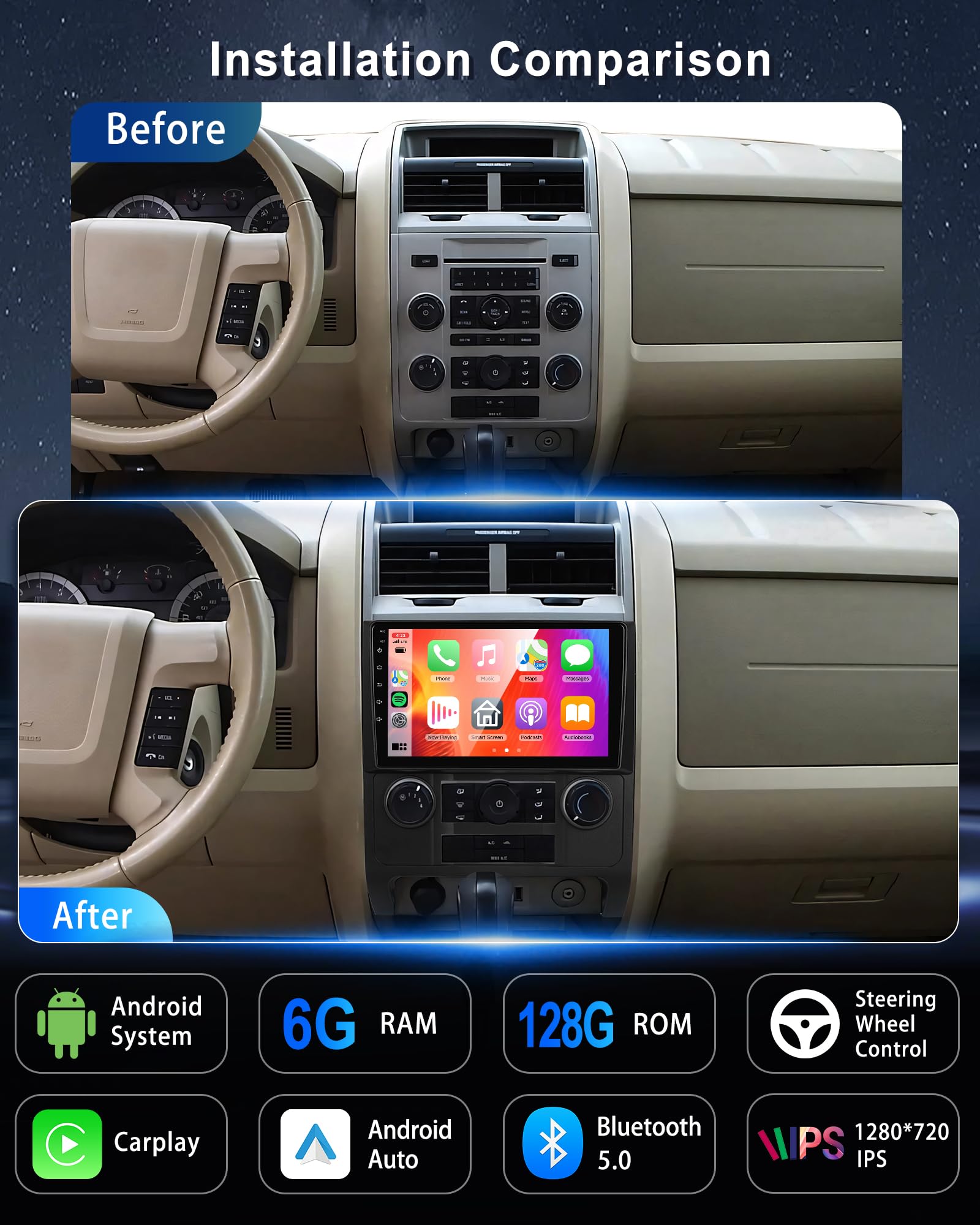 KYNNT 6G+128G Car Radio for Ford Escape 2007-2012, Android Car Stereo for Escape Wireless CarPlay Android Auto, DSP-32EQ, GPS Navigation WiFi, Bluetooth 9'' Touch Screen FM Backup Camera MIC