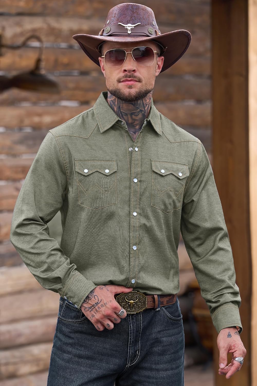 Mens Western Pearl Snap Shirt Cotton Blend Cowboy Style Long Sleeve Button Shirts