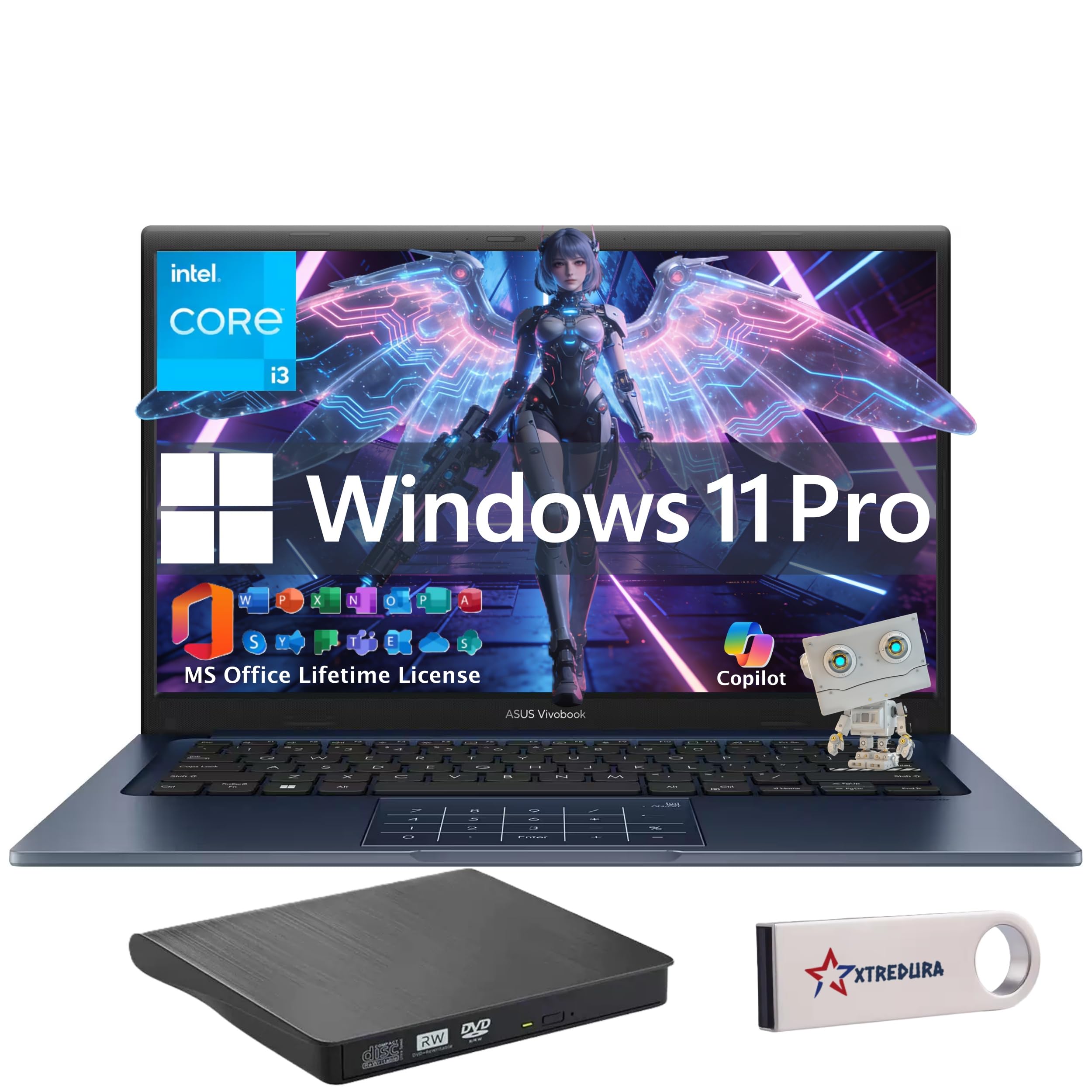 Vivobook 14" FHD Laptop, Windows 11 Pro, Lifetime MS Office, Intel Core i3-1315U, 16GB RAM+512GB PCIe SSD, Sleek & Lightweight, External DVD Drive & USB Flash Drive, for Student, Home & Work