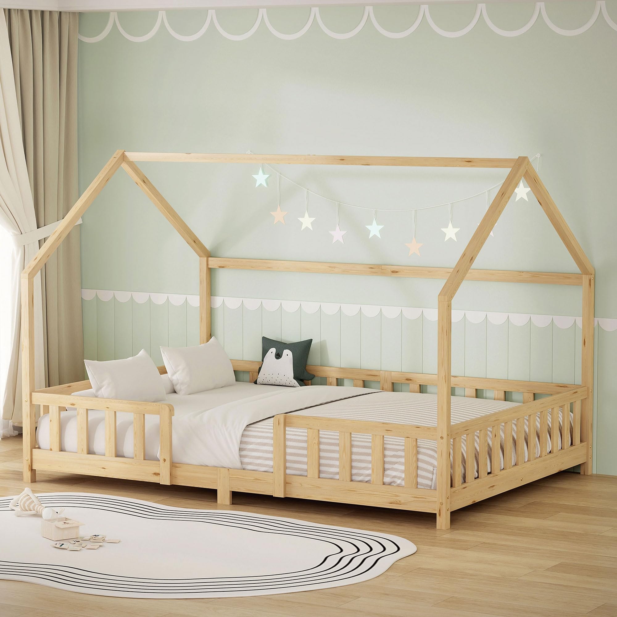 ML-Design Kinderbett Hausbett 140x200 cm mit Rausfallschutz, Dach & Lattenrost, Natur