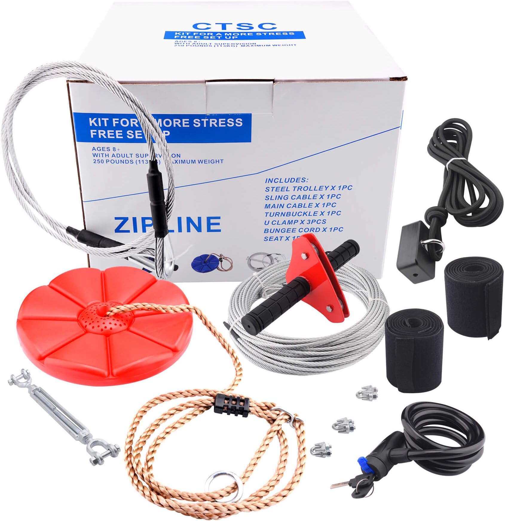 CTSC 95 Foot Zip Line Kit with Brake and Seat, Zipline Kit for Kids and Adult(Less Then 250lb) with Parents Lock and Tree Protectors, Bring Colorful Fun and Enjoyment for Your Family Backyard