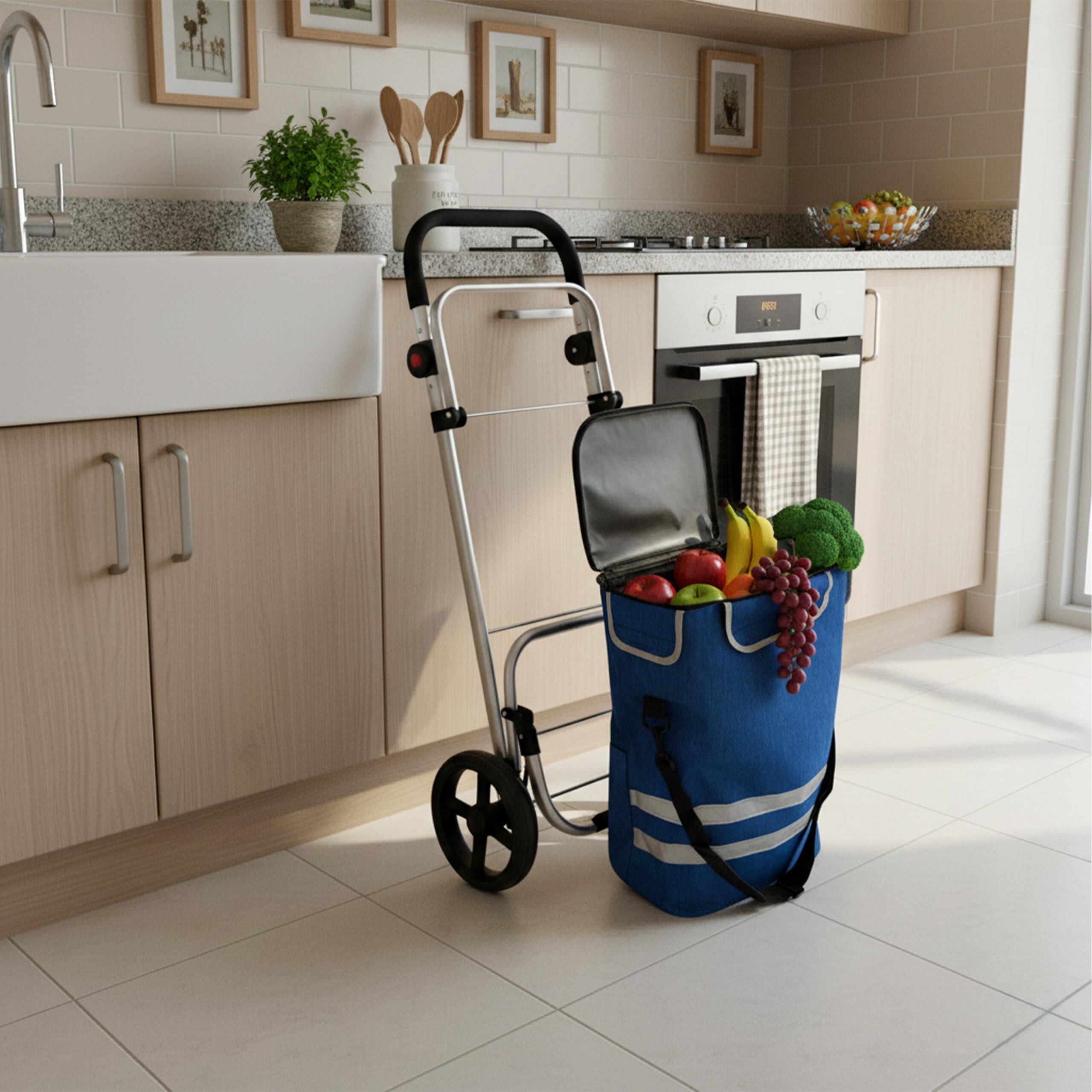 Carrello della Spesa Relaxdays, 2 Ruote Grandi, Tasca Termica, Borsa Rimovibile, 45 l, Fino a 35 kg, Pieghevole, Blu