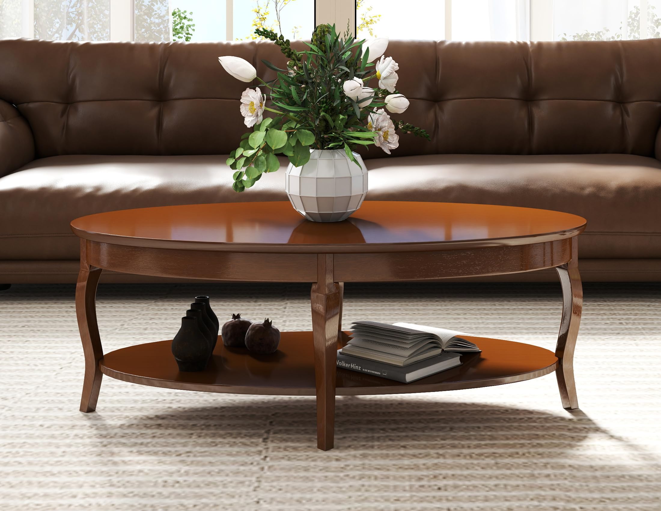 Janoray 47" Oval Coffee Table 2-Tier Coffee Table with Storage Shelf Solid Wooden Center Table for Living Room Bedroom Office, Walnut