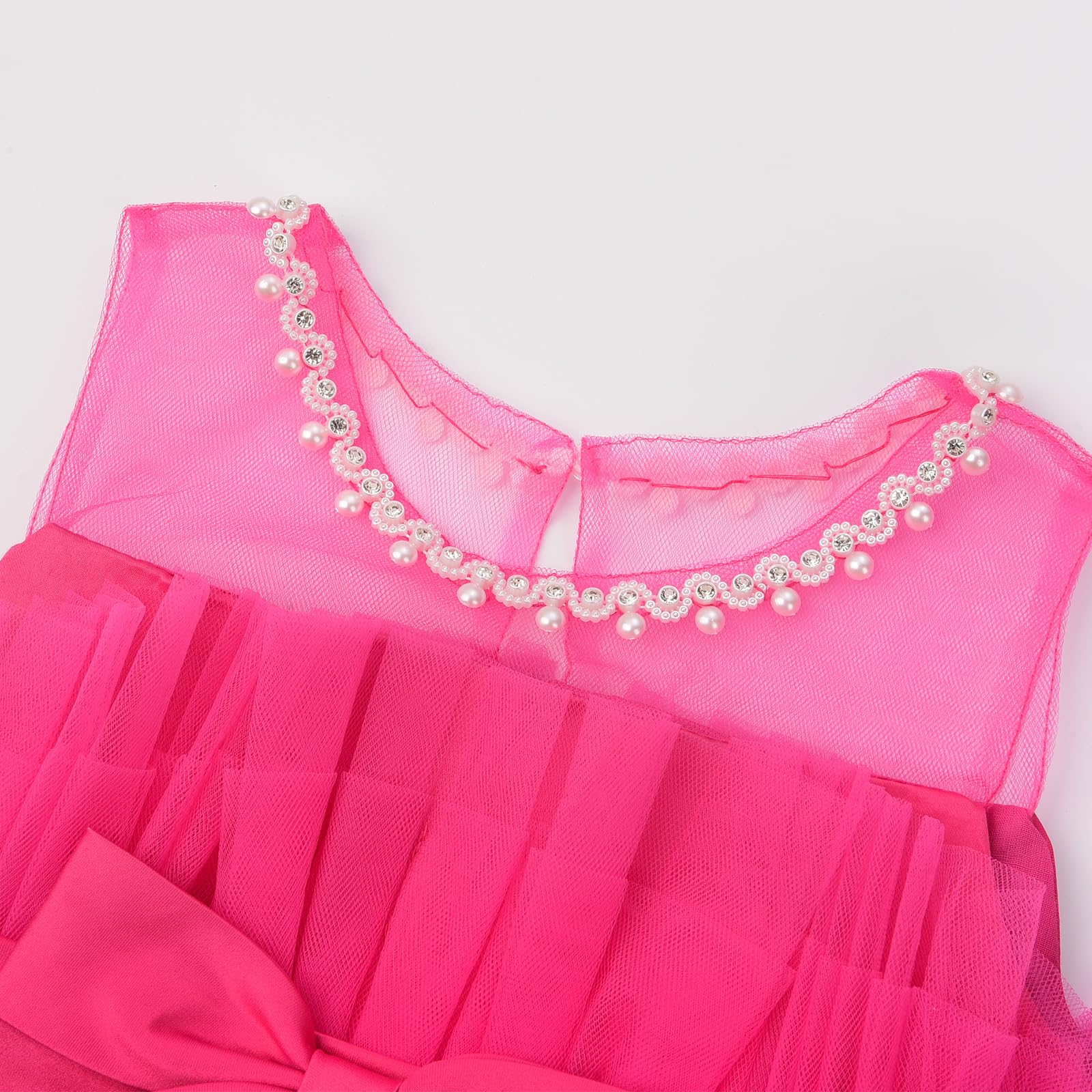 Uhnice Blumenmädchenkleid mit Schleife, ärmellos, Tüllkleid mit Perlen für Hochzeit, Geburtstag, Party
