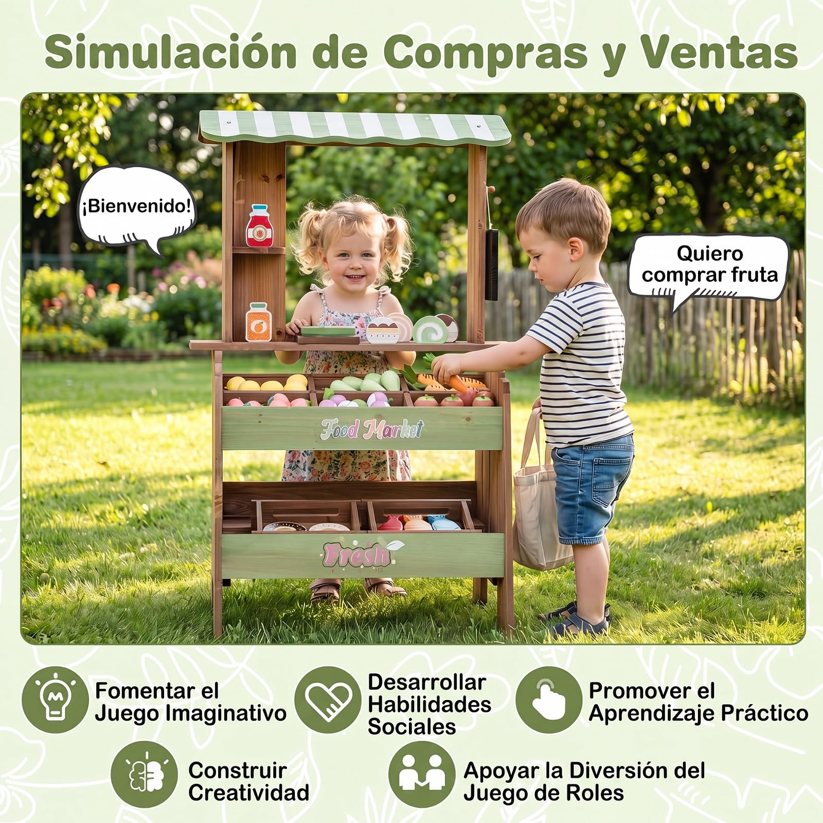 COSTWAY Tienda de Comestibles de Juguete para Niños, Supermercado Infantil | Madera de Abeto, con Toldo, Pizarra y Varios Accesorios, Soporte Puesto de Mercado Infantil para Interior Exterior 3+ Años