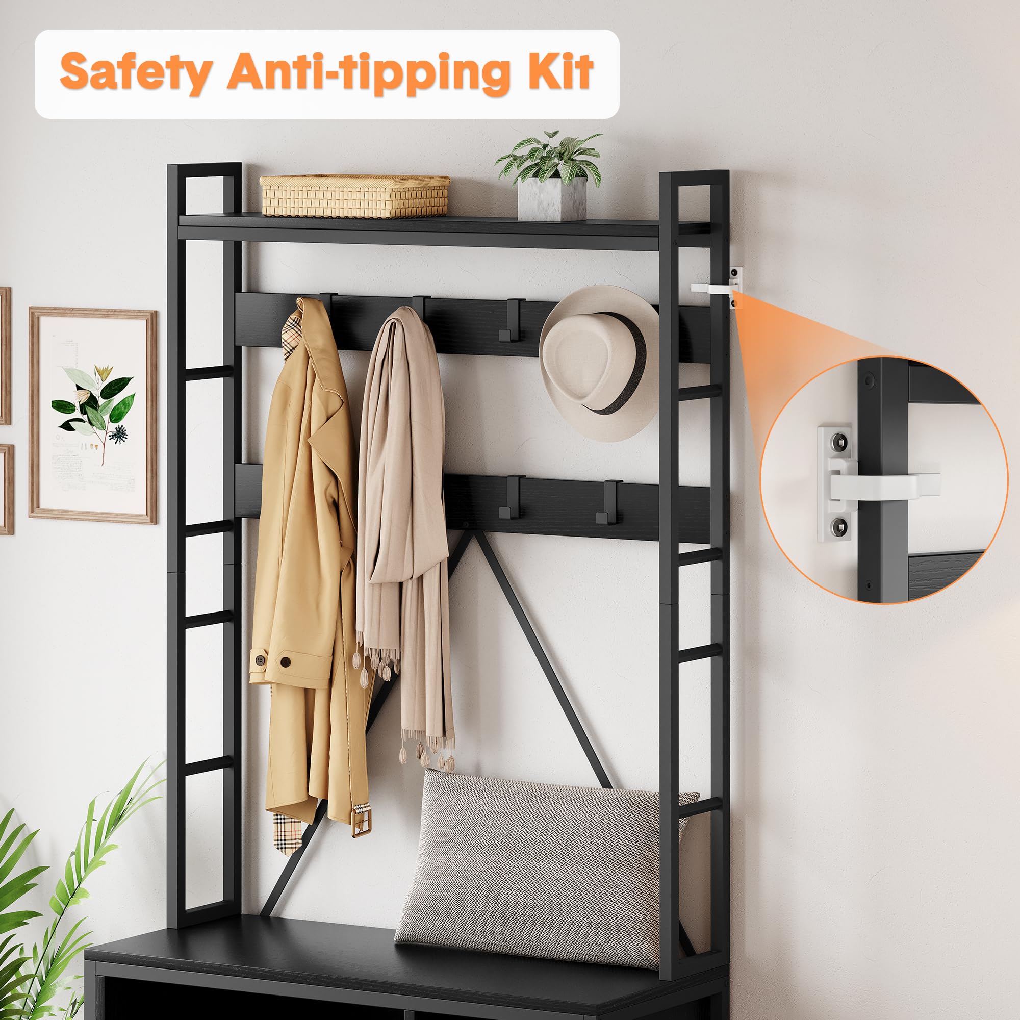 GarveeHome Perchero de recibidor 5 en 1 con banco zapatero, estantes, 17 ganchos y cajones – Organizador independiente de madera de diseño industrial – Ideal para entrada, pasillo o dormitorio – negro