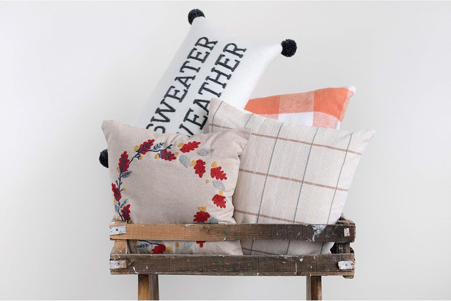 Creative Co-Op Rectangle Sweater Weather Embroidered Cotton Knit Lumbar Poms Pillows, Grey & Cream