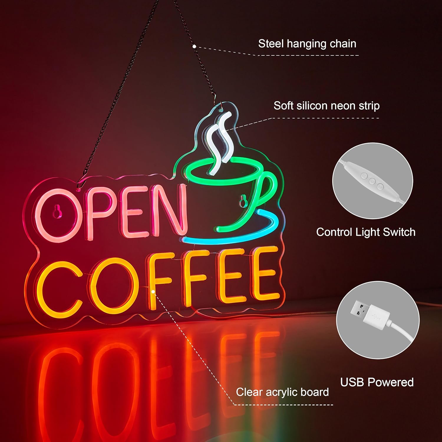 Coffee Open Neon Sign for Coffee Bar Wall Décor Dimmable Business Shop LED Neon Light USB Powered Art Signs Decor