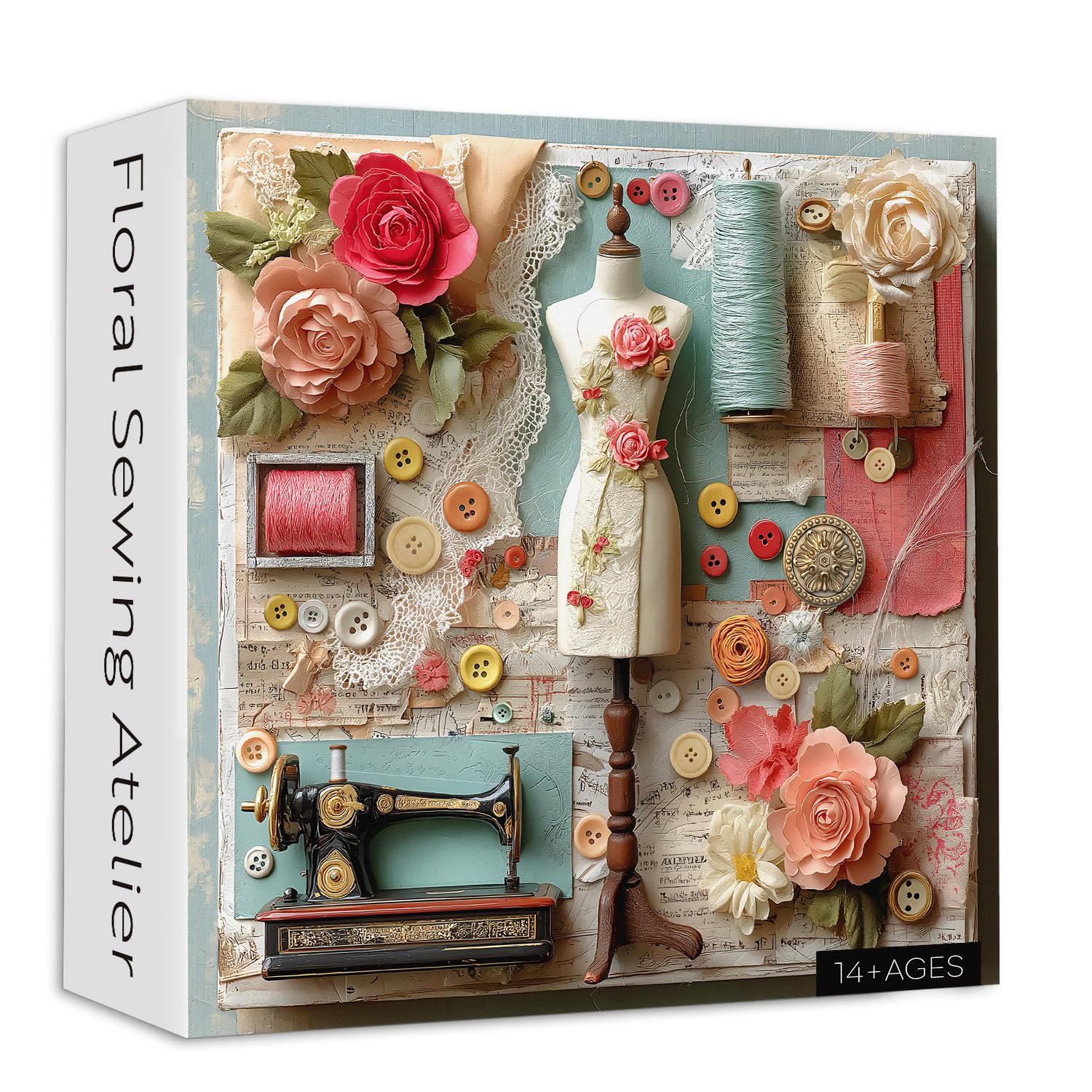 Floral Sewing Atelier Jigsaw Puzzle 1000 Pieces, Larkipuzz Vintage Sewing Machine Puzzles for Adults Buttons, Impossible Colorful Flower Plant Art Theme as Wall Decor