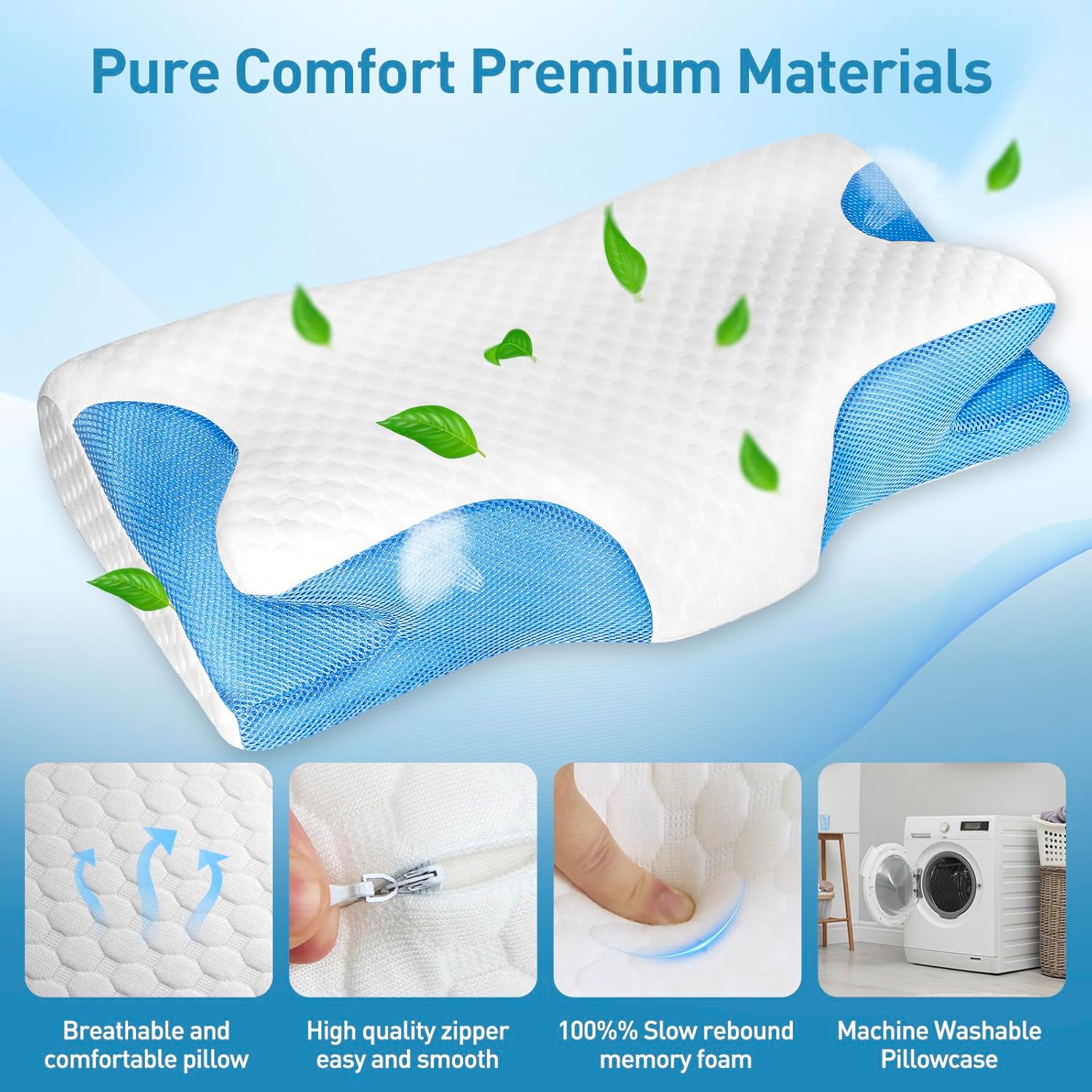 Cervical Neck Pillow for Neck Pain Relief, Memory Foam Pillow, Contour Bed Pillow for Sleep, Unscented, Ergonomic Orthopedic Neck Support Pillow for Stomach Sleepers, White