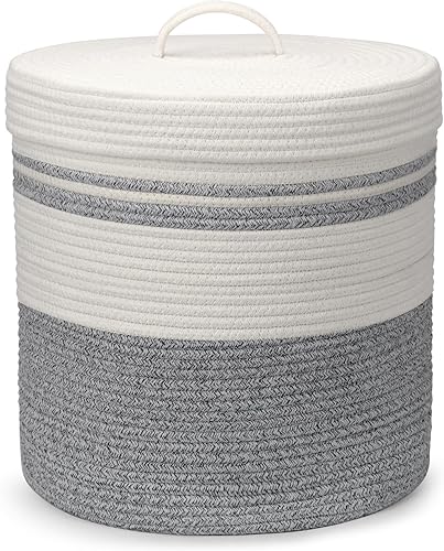 Miniatura 24 de Cesta de lavandería con tapa, cesta de lavandería tejida, manta y cesta de almacenamiento de juguetes para sala de estar, dormitorio, baño, Marrón